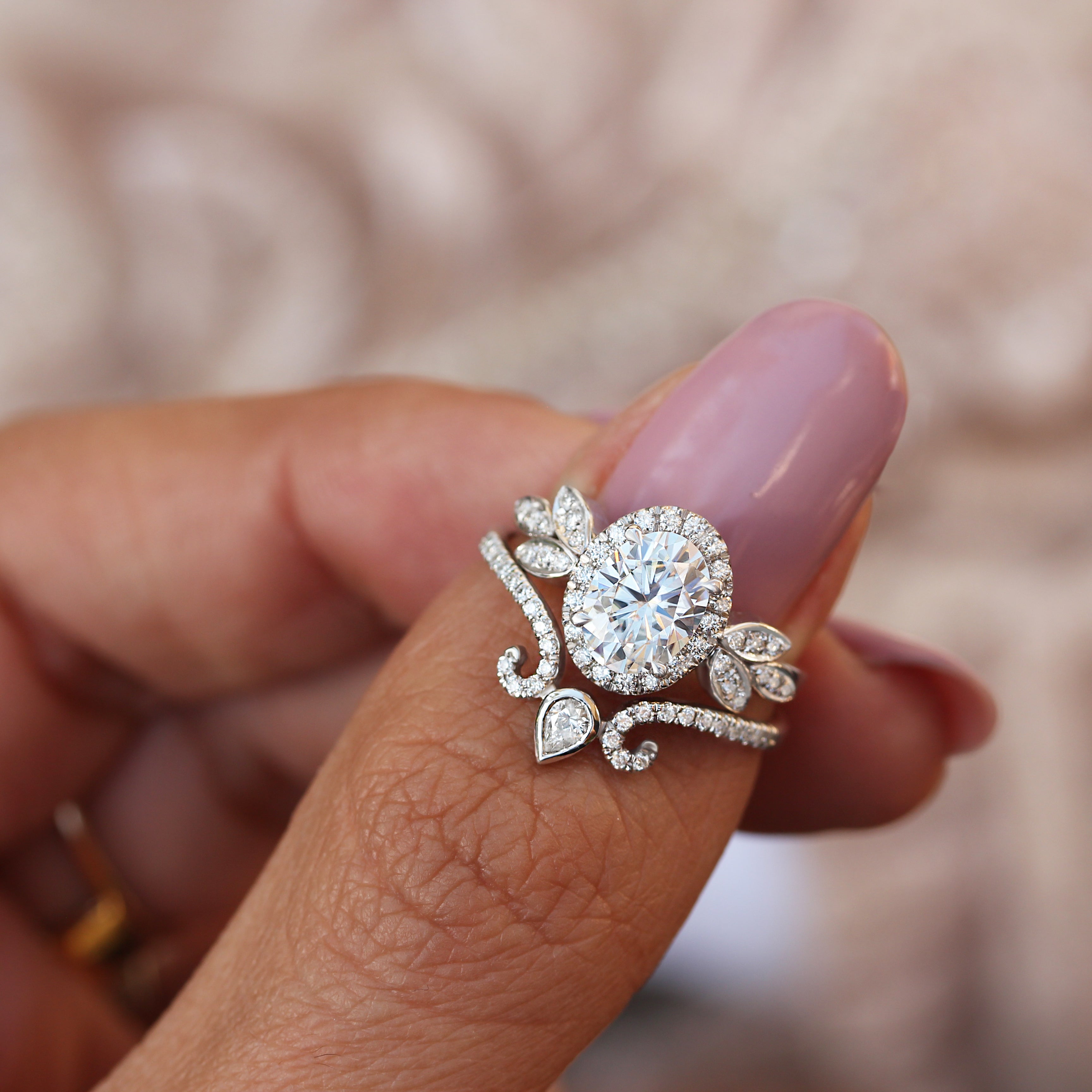 1 carat Oval diamond halo nature inspired engagement ring set - Minimal Lily Paired with Ariana Ring Set - sillyshinydiamonds