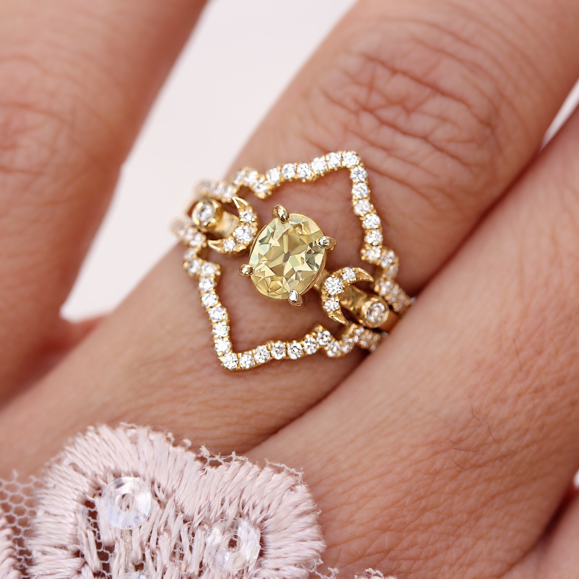 Hindi Moon phase Yellow Oval Diamond 0.66 carat Celestial Unique Engagement Ring - sillyshinydiamonds