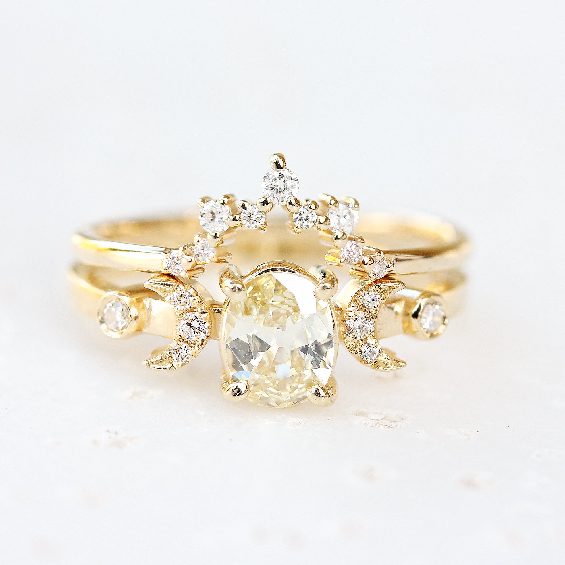 Hindi Moon phase Yellow Oval Diamond 0.66 carat Celestial Unique Engagement Ring - sillyshinydiamonds