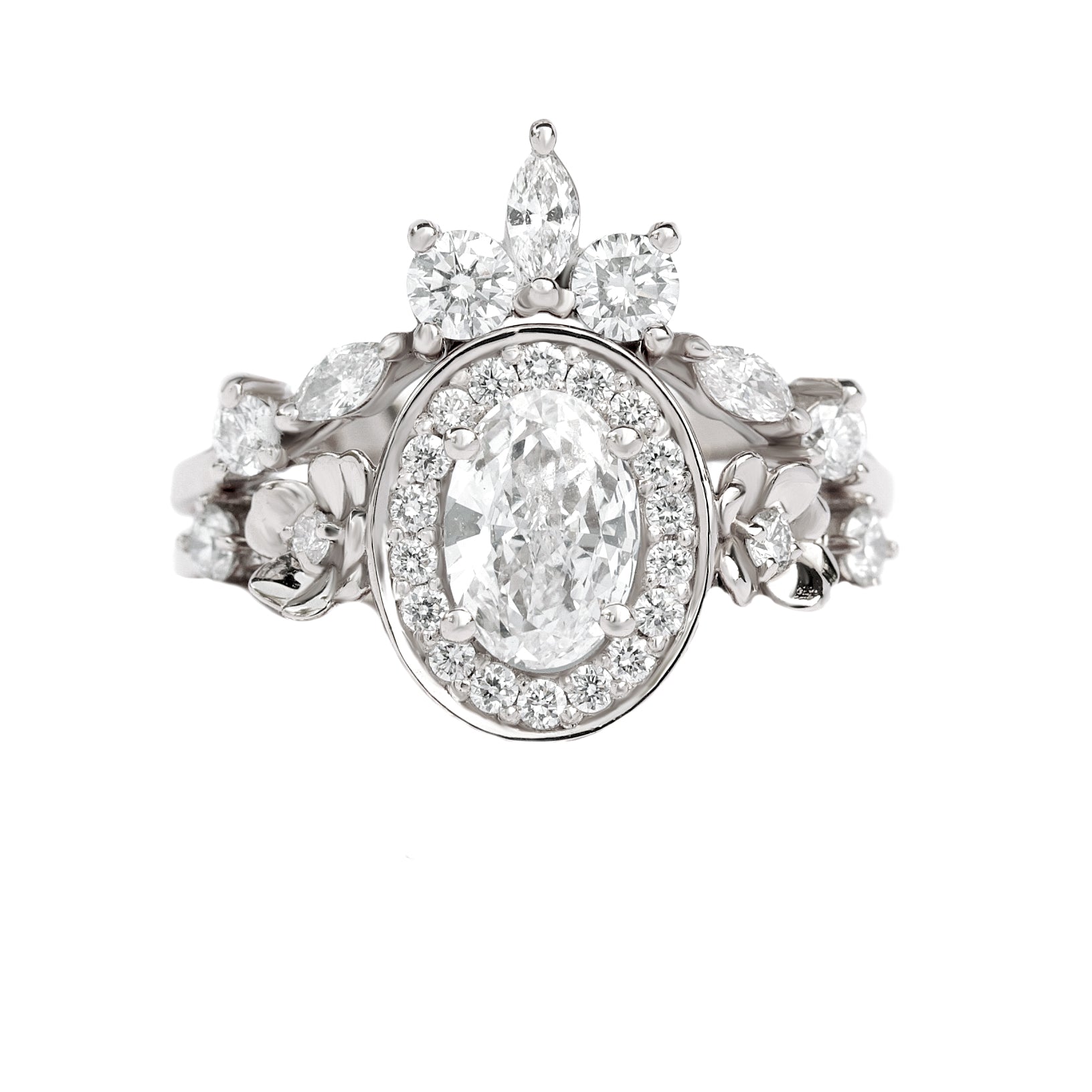 טבעת אירוסין פרחונית יהלום סגלגל עם טבעת קינון אחת - "אנטיה" ו"איסלנד" ♥