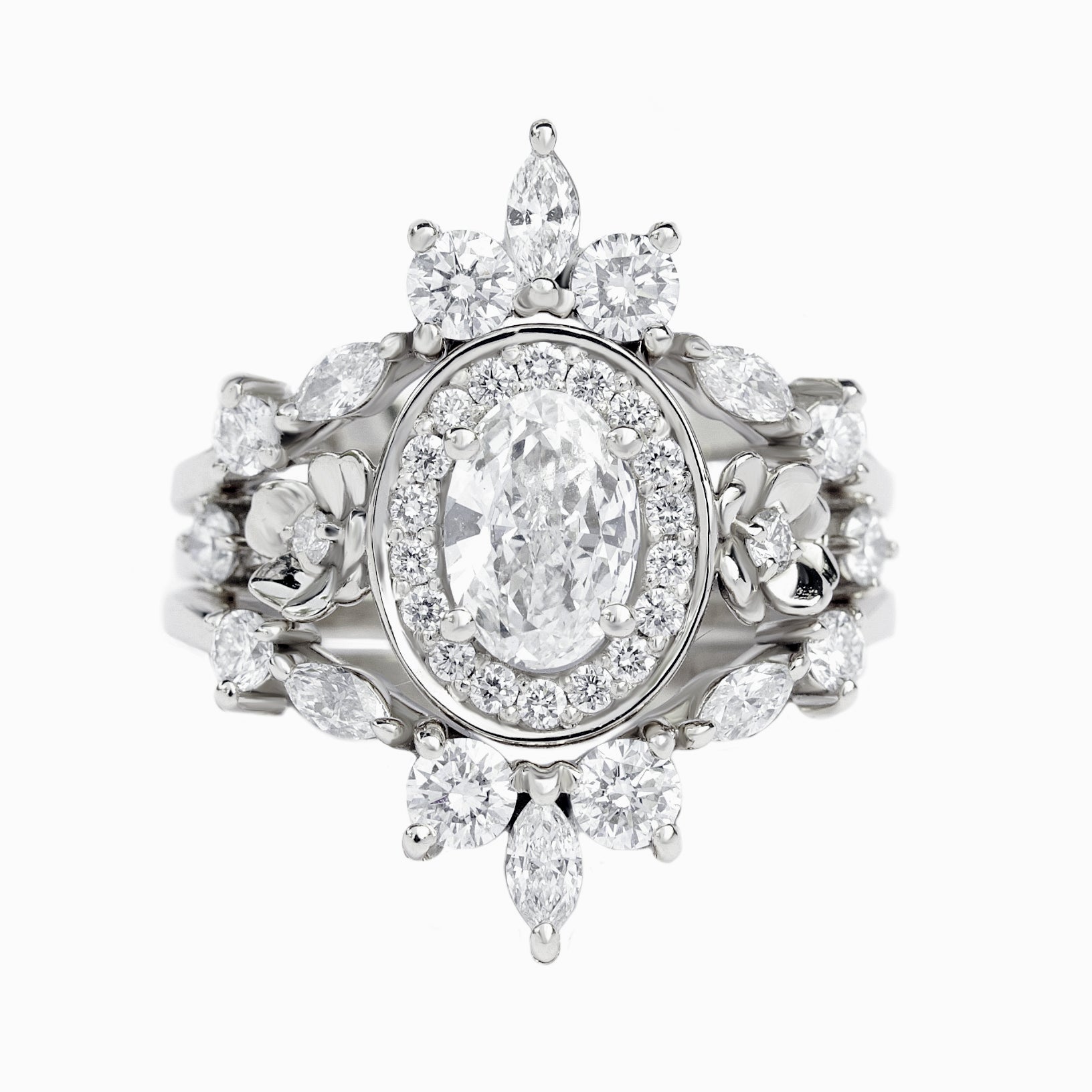 טבעת פרחונית יהלום סגלגלה "Antheia" ושני סרטי צד "איסלנד" ♥