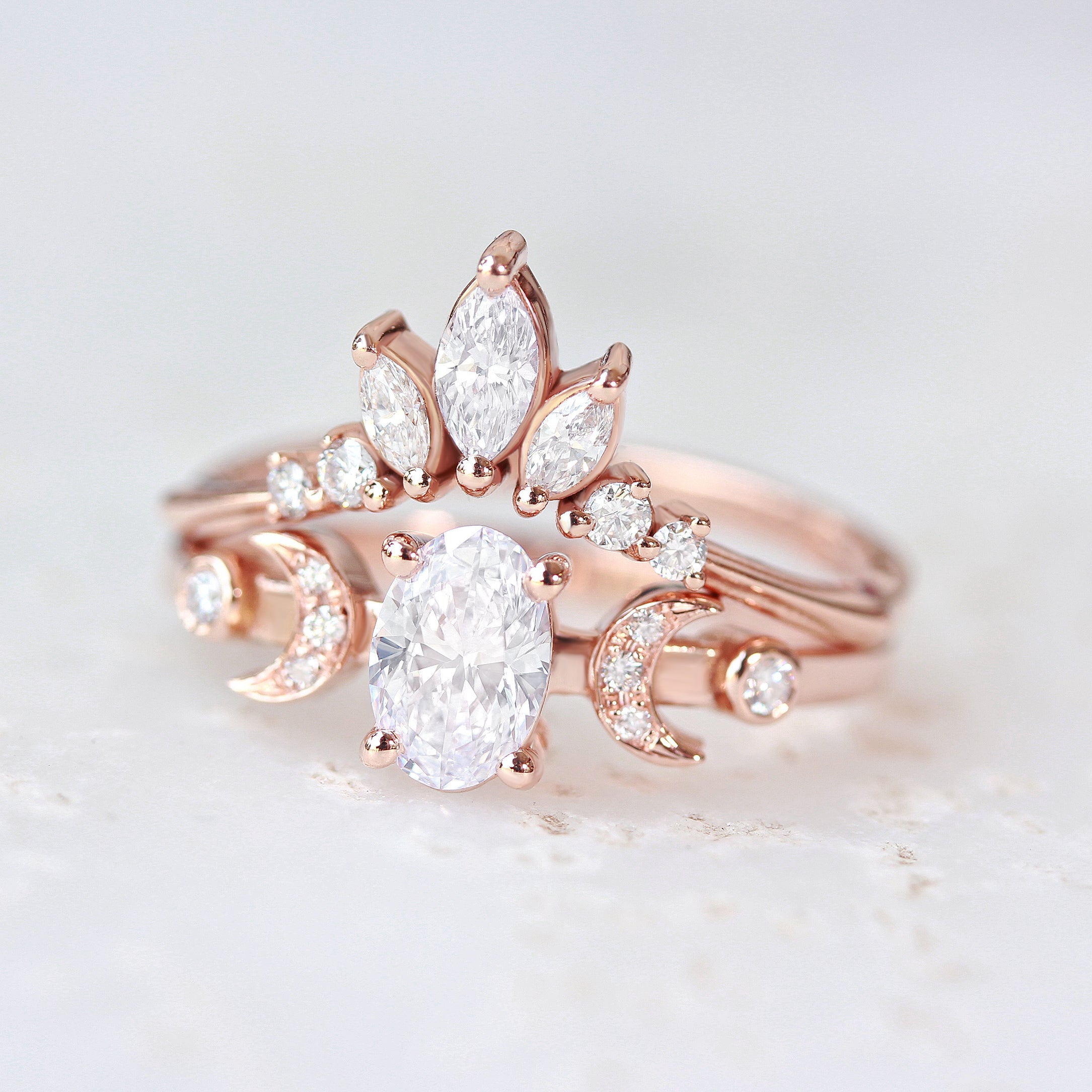 Oval diamond celestial two moons engagement ring ♥