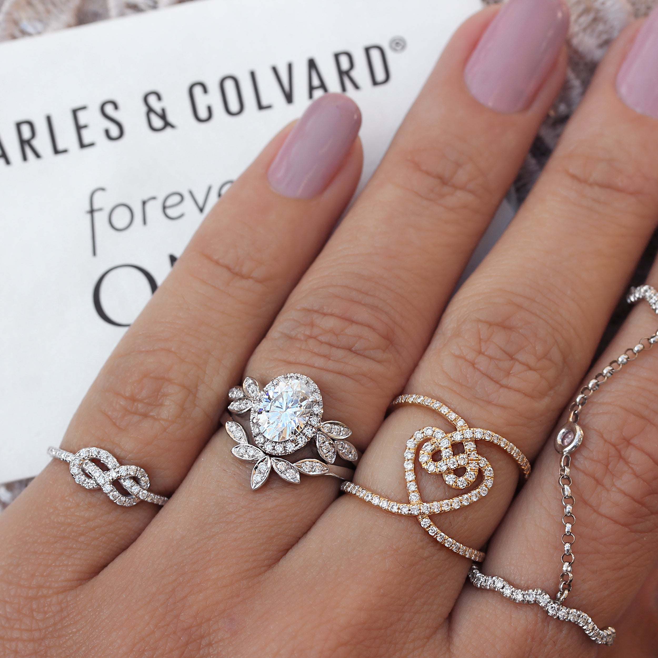 Oval Diamond Floral Three Rings Set "Minimal Lily" ♥