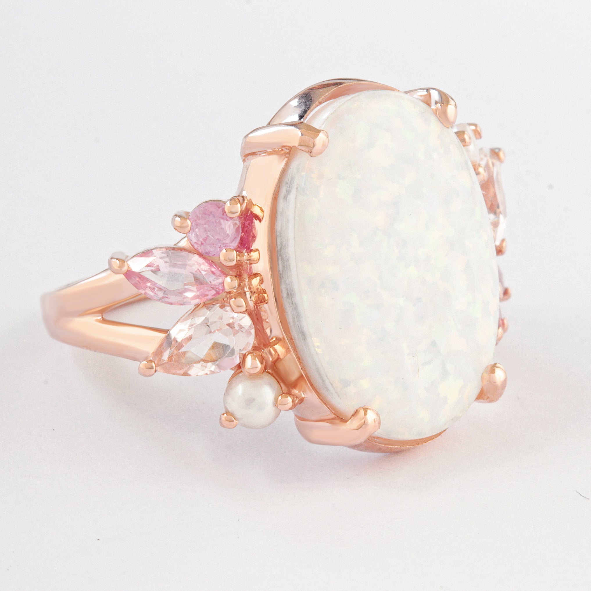 OOAK White Opal, Pink Gemstones and Pearls Engagement Ring ♥