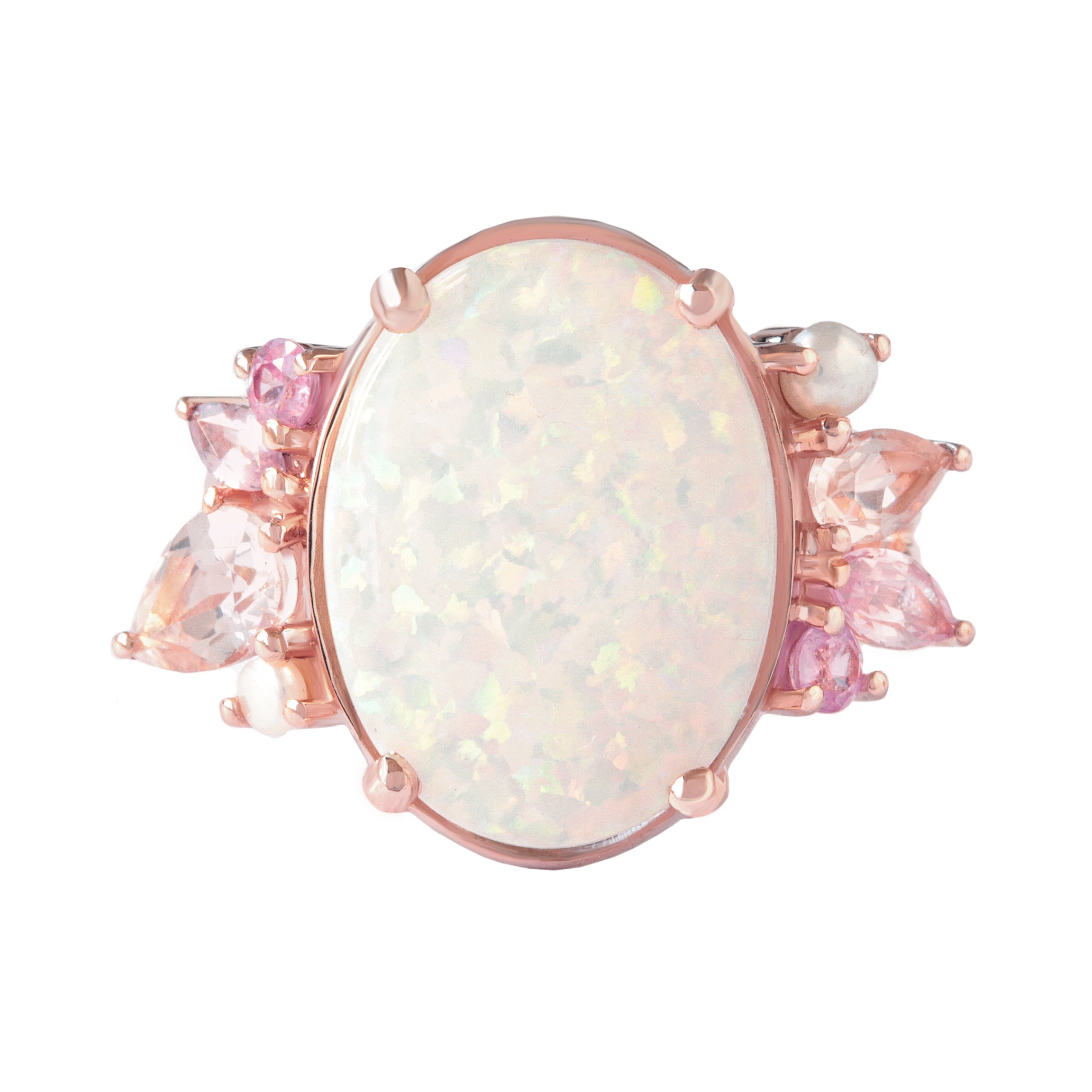 OOAK White Opal, Pink Gemstones and pearls Engagement Ring ♥