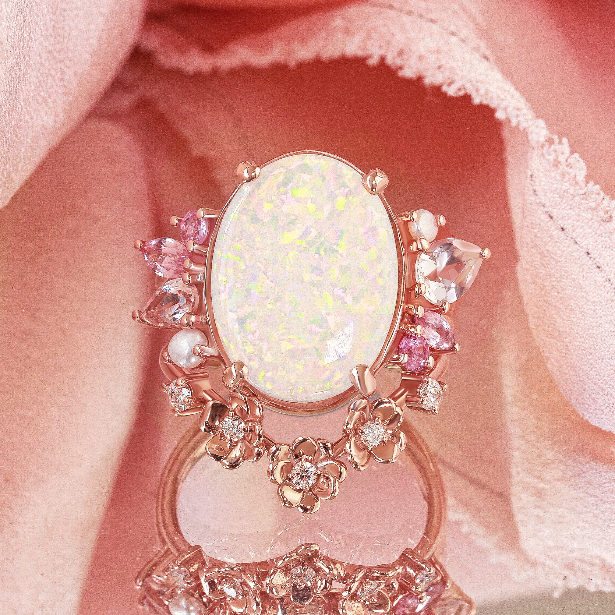 OOAK White Opal, Pink Gemstones and pearls Engagement Ring ♥