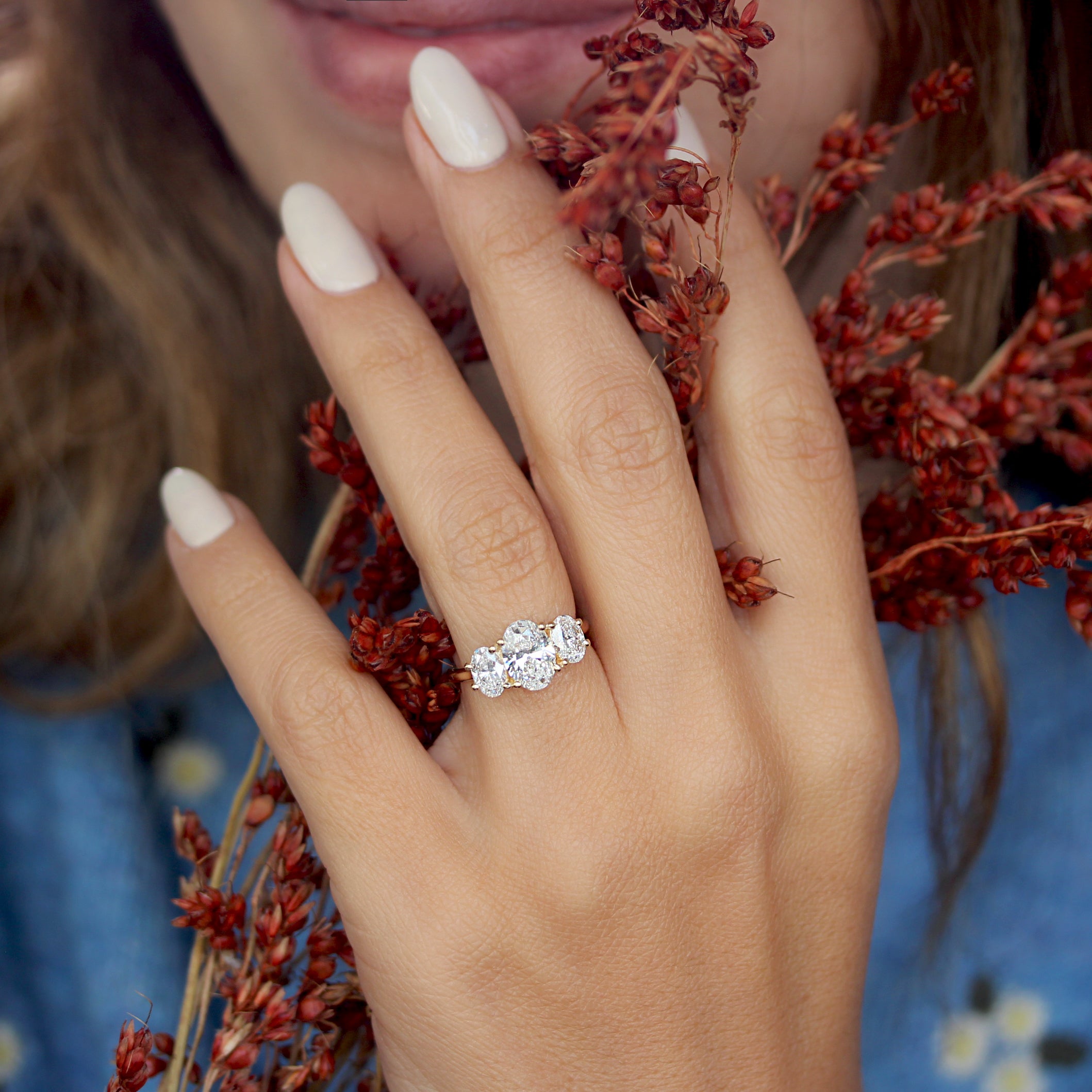 Three Stone Oval Lab Grown Diamonds Engagement Ring