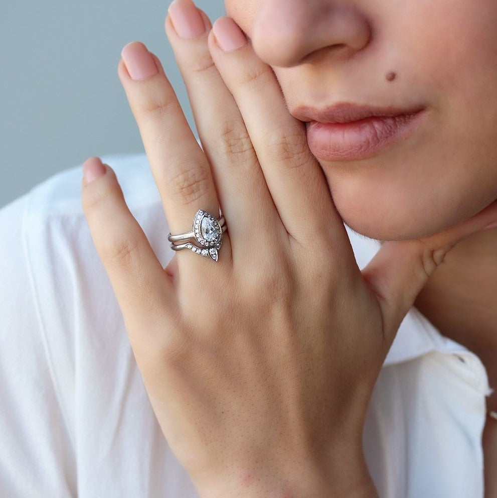 Pear 1.0ct Engagement & Wedding, The 3rd Eye Ring Bridal Set ♥