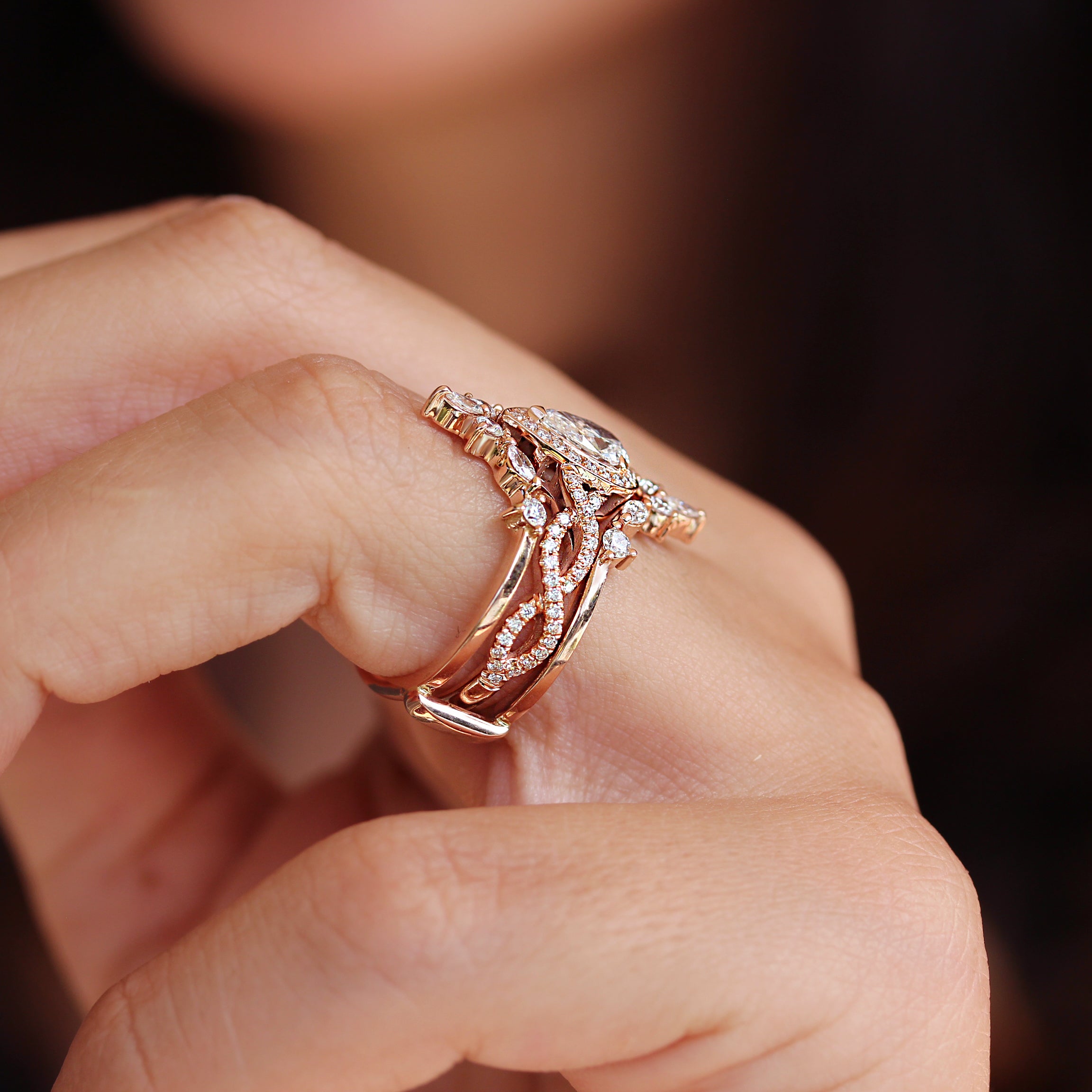 Pear Diamond Halo Twist Shank Unique Engagement & two Hermès Wedding Rings Guard Enhancer - sillyshinydiamonds