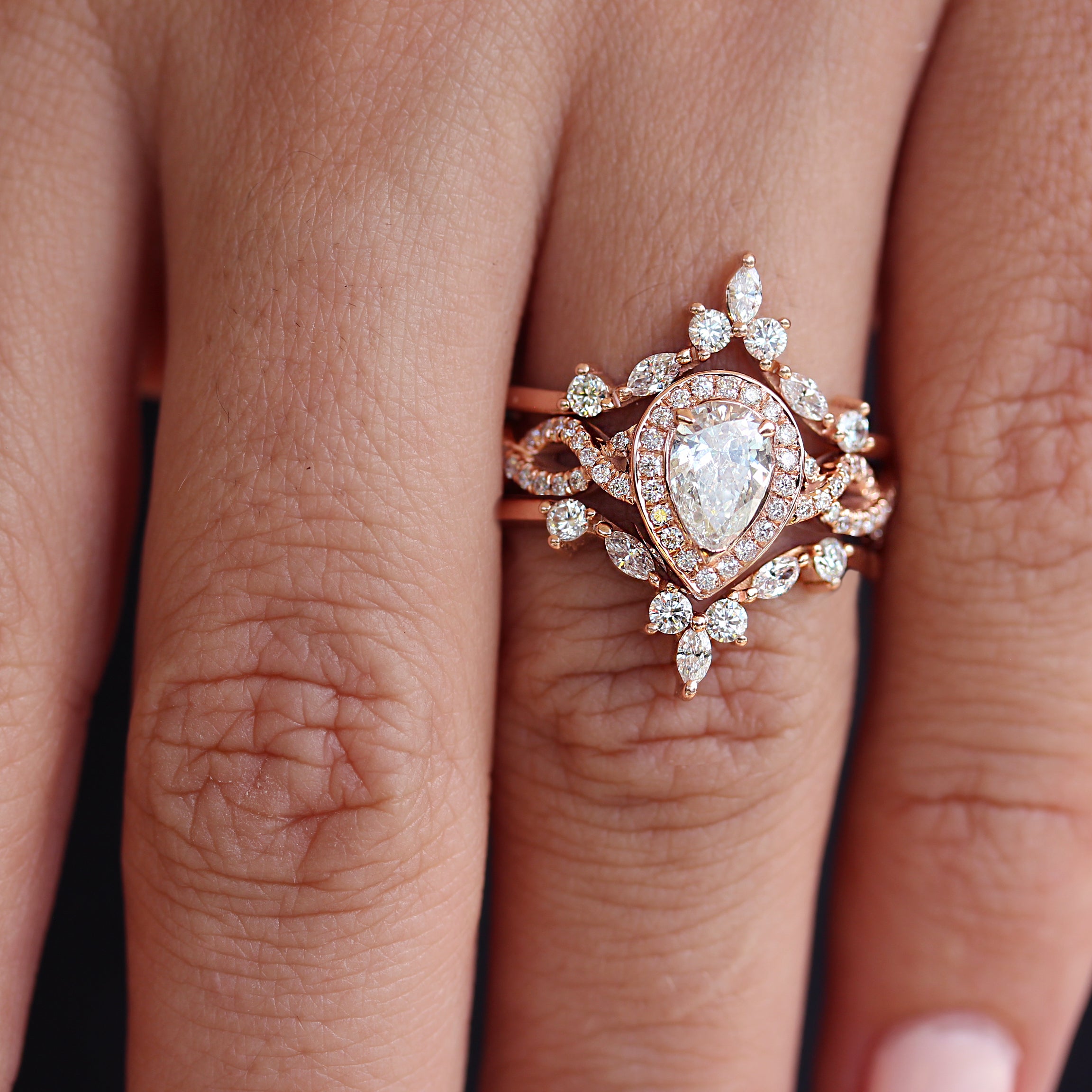 Pear Diamond Halo Twist Shank Unique Engagement & two Hermès Wedding Rings Guard Enhancer - sillyshinydiamonds