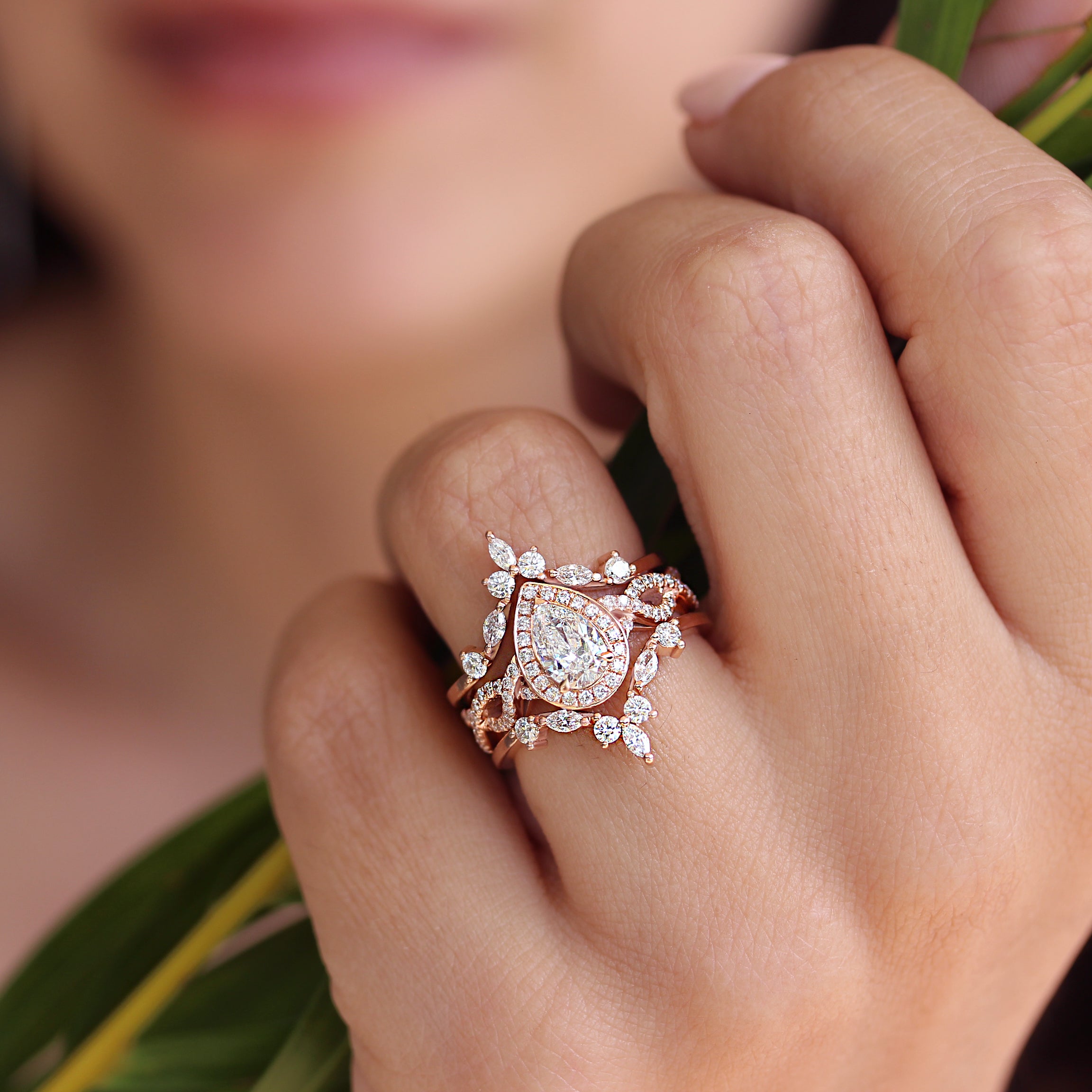 Pear Diamond Halo Twist Shank Unique Engagement & two Hermès Wedding Rings Guard Enhancer - sillyshinydiamonds