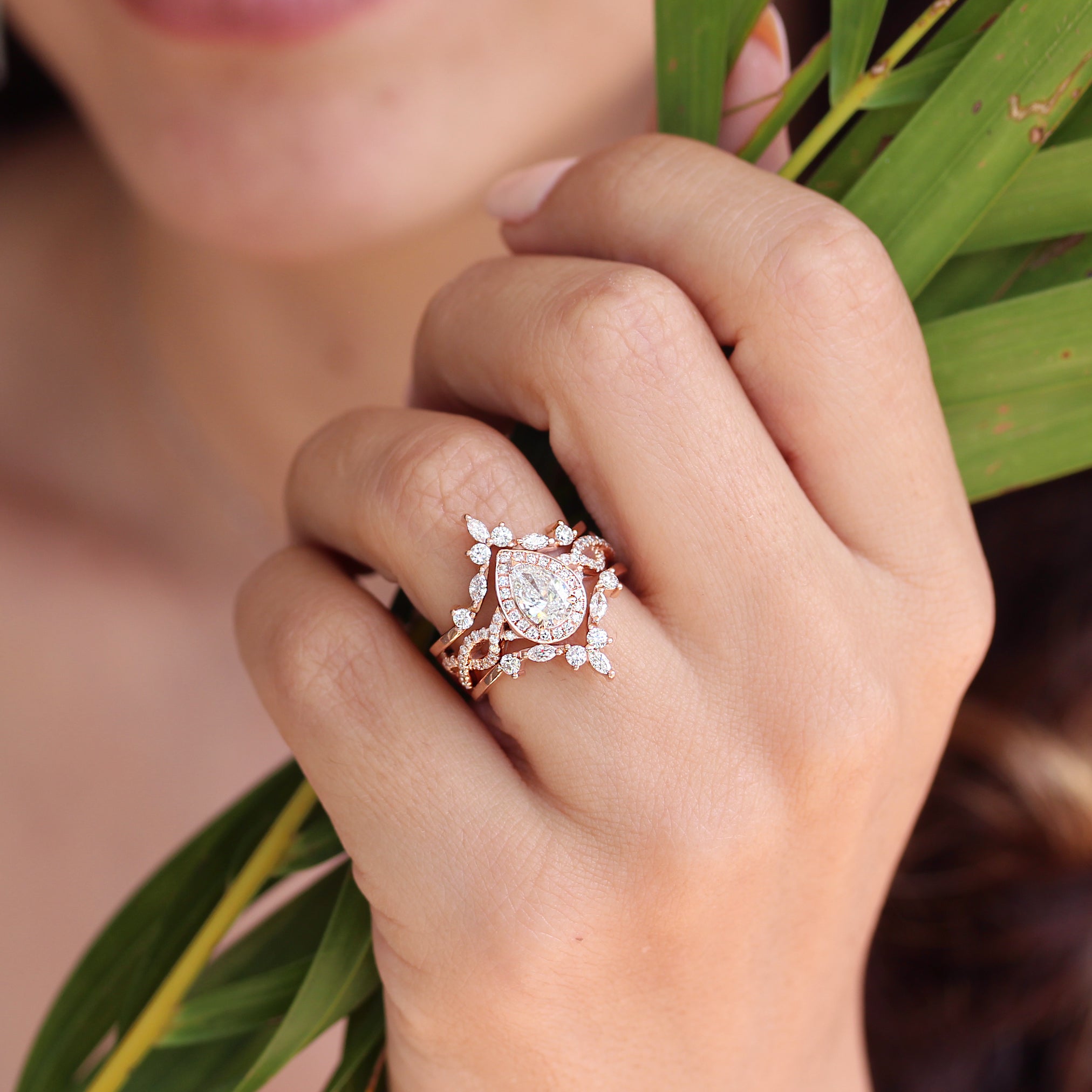 Pear Diamond Halo Twist Shank Unique Engagement & two Hermès Wedding Rings Guard Enhancer - sillyshinydiamonds