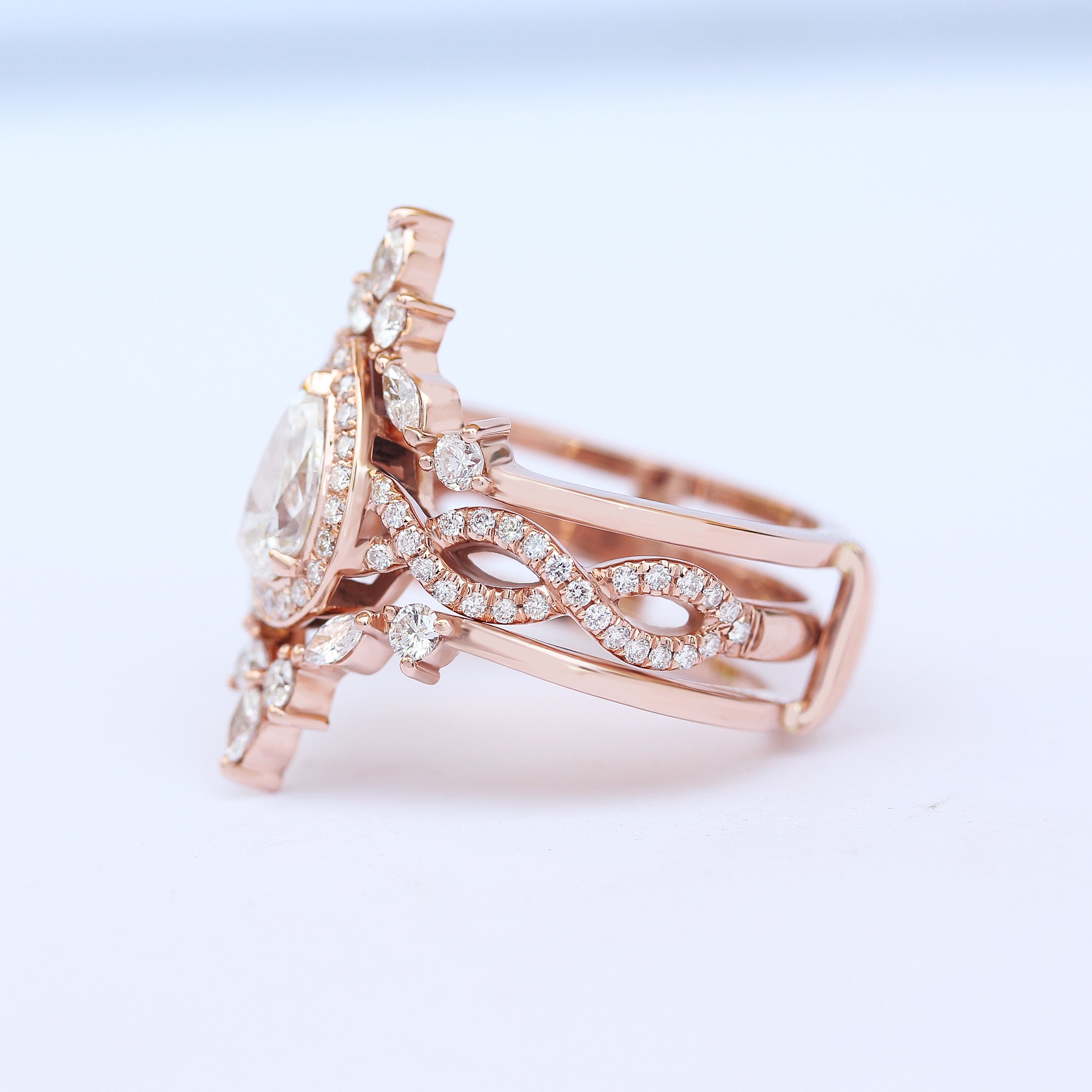 Pear Diamond Halo Twist Shank Unique Engagement & two Hermès Wedding Rings Guard Enhancer - sillyshinydiamonds