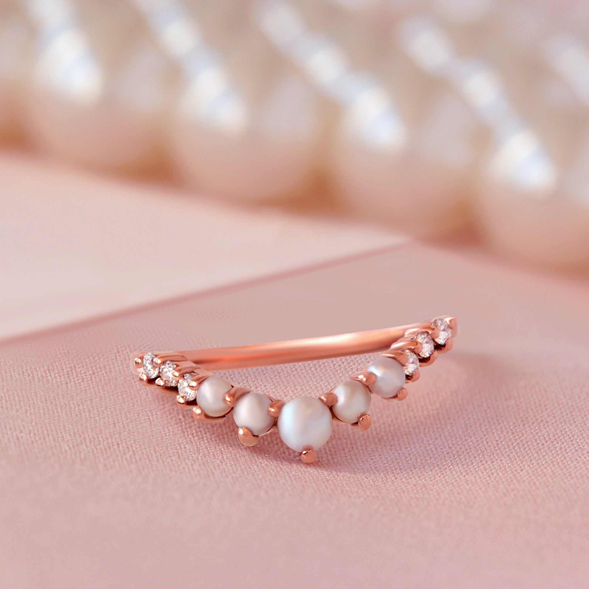 pearls and diamonds v ring rose gold