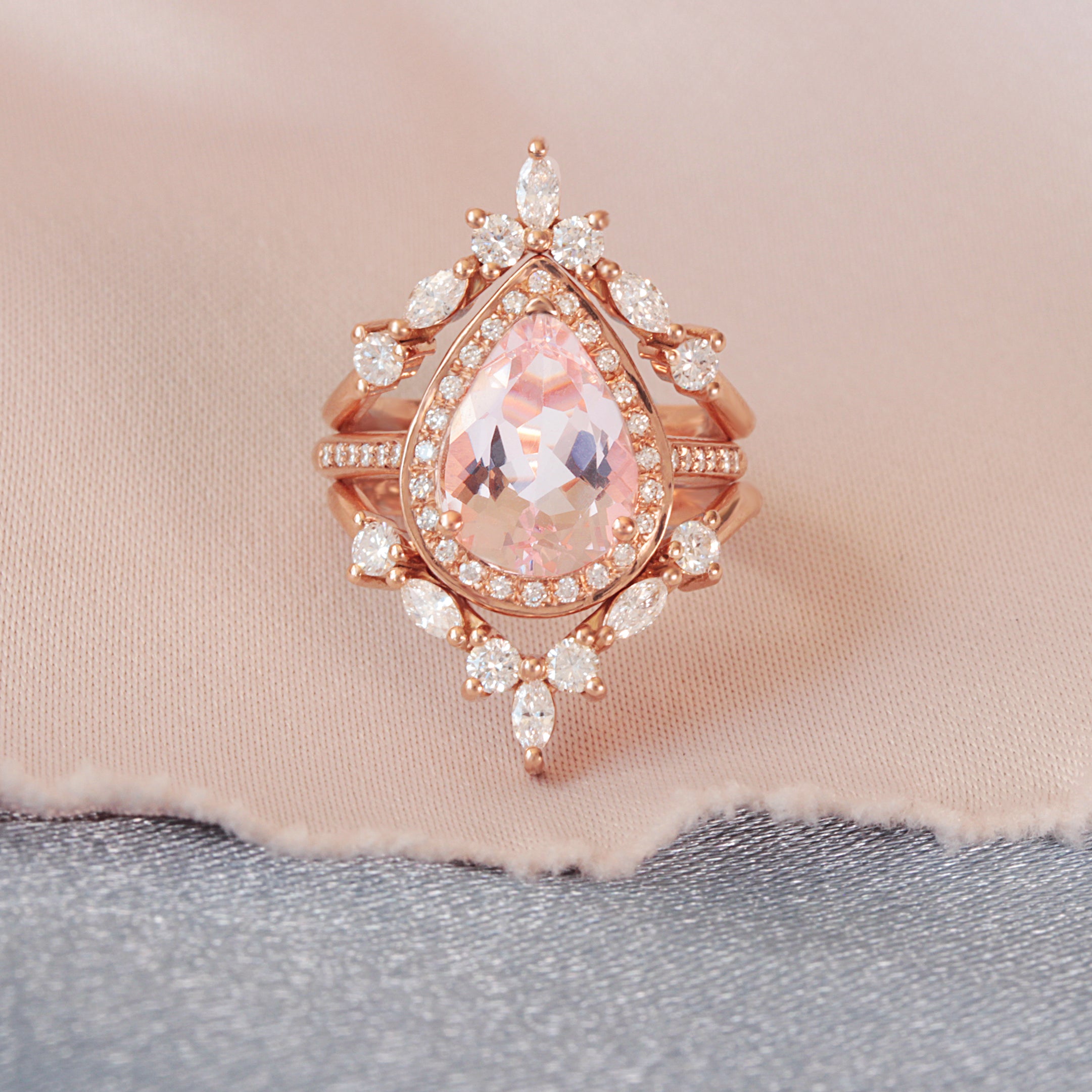 Pear Morganite 3 carat & Diamond Halo Bridal Ring Set, Nia Trio + Two Hermes Bands