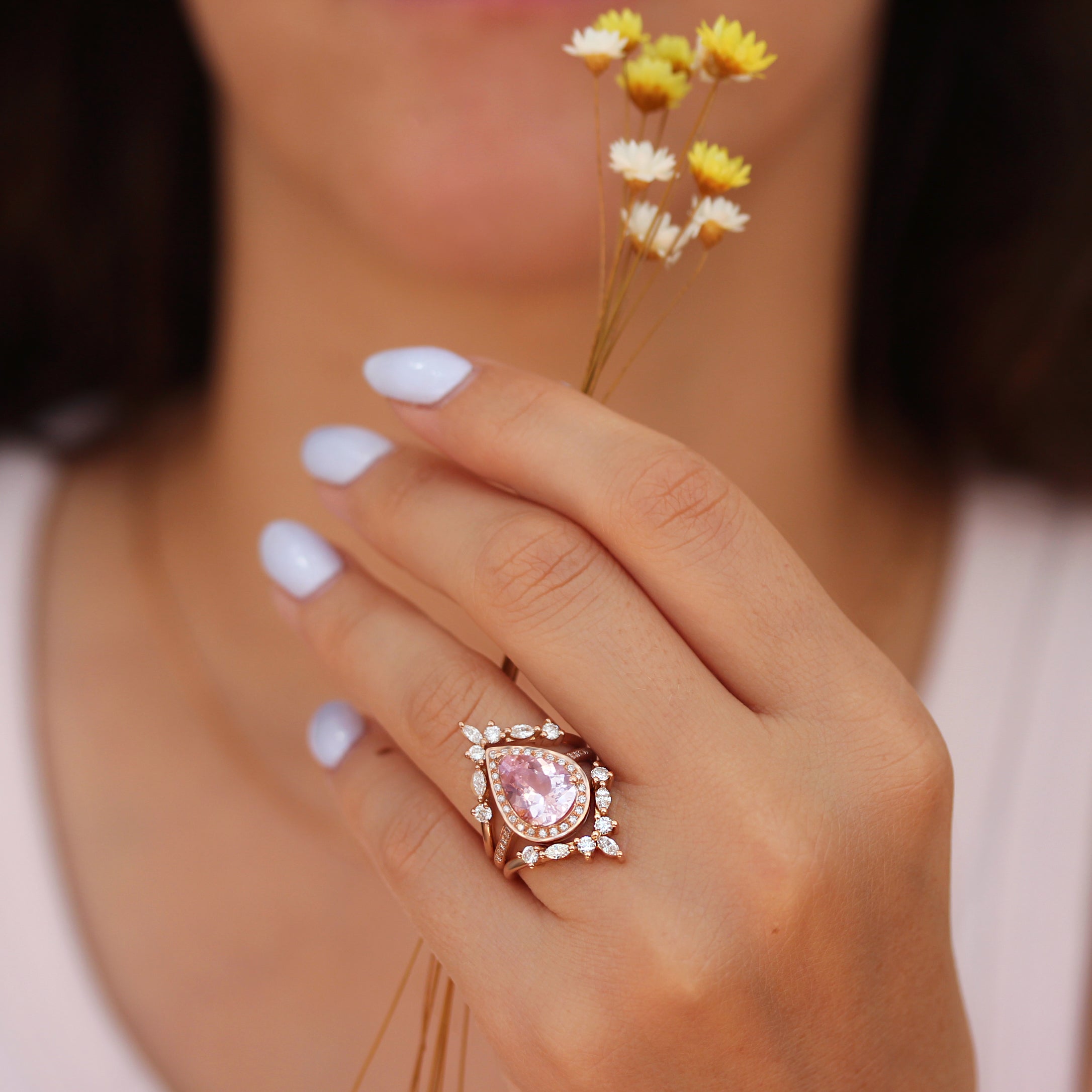Pear Morganite 3 carat & Diamond Halo Bridal Ring Set, Nia Trio + Two Hermes Bands
