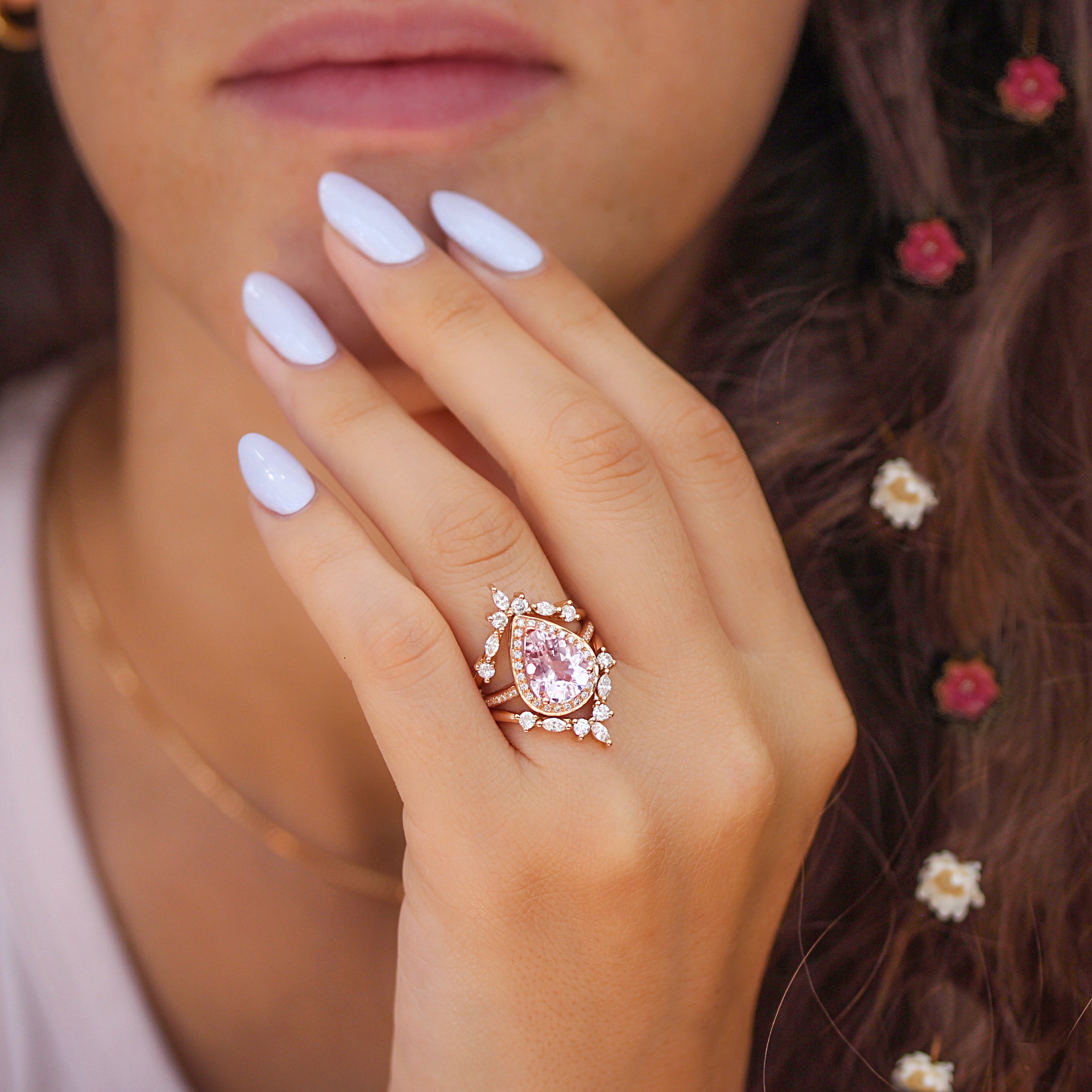 Pear 2.0ct Morganite & Diamond Halo Bridal Ring Set, Nia Trio + Two Hermes Bands - sillyshinydiamonds