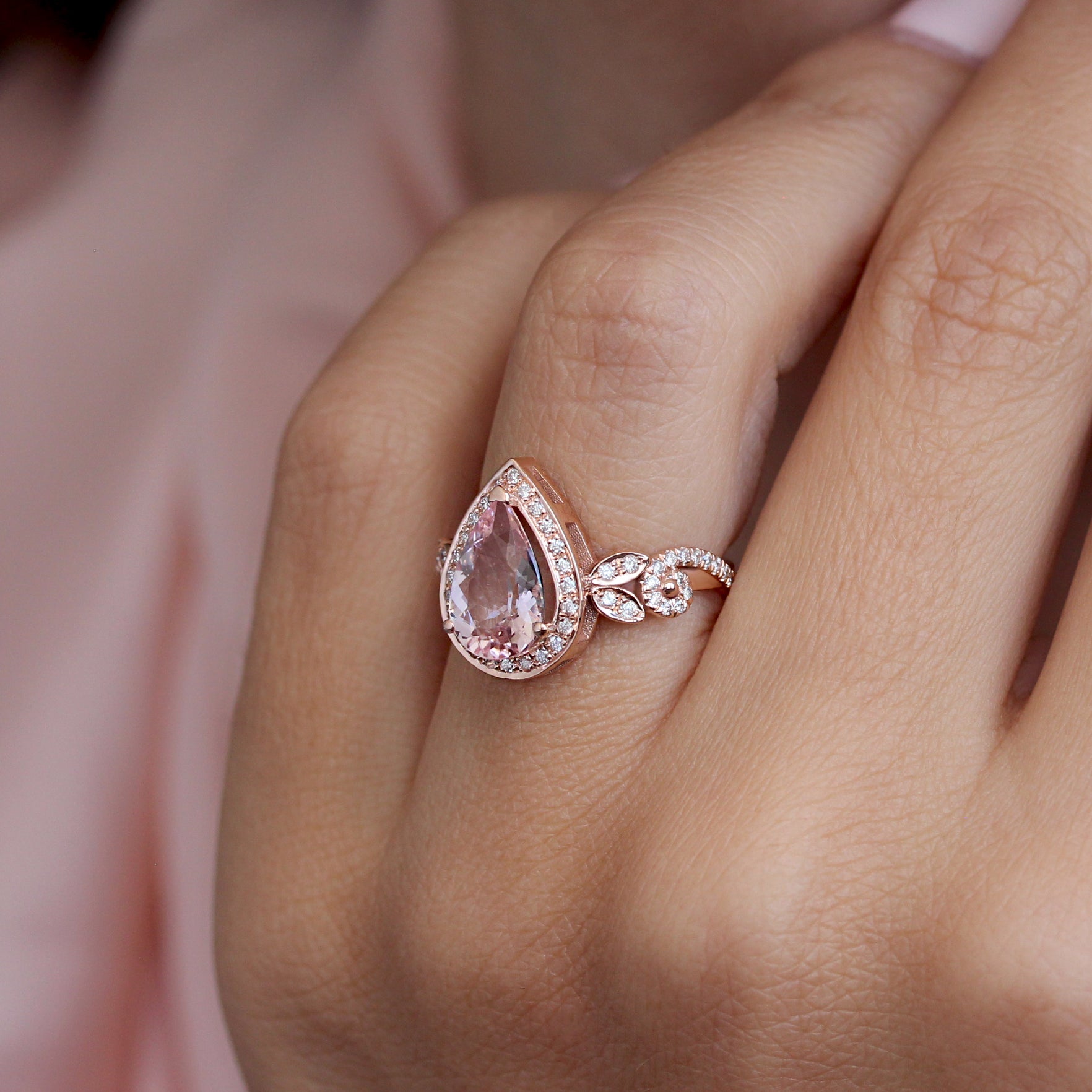 Pear Morganite & Diamonds Engagement Wave Band ring