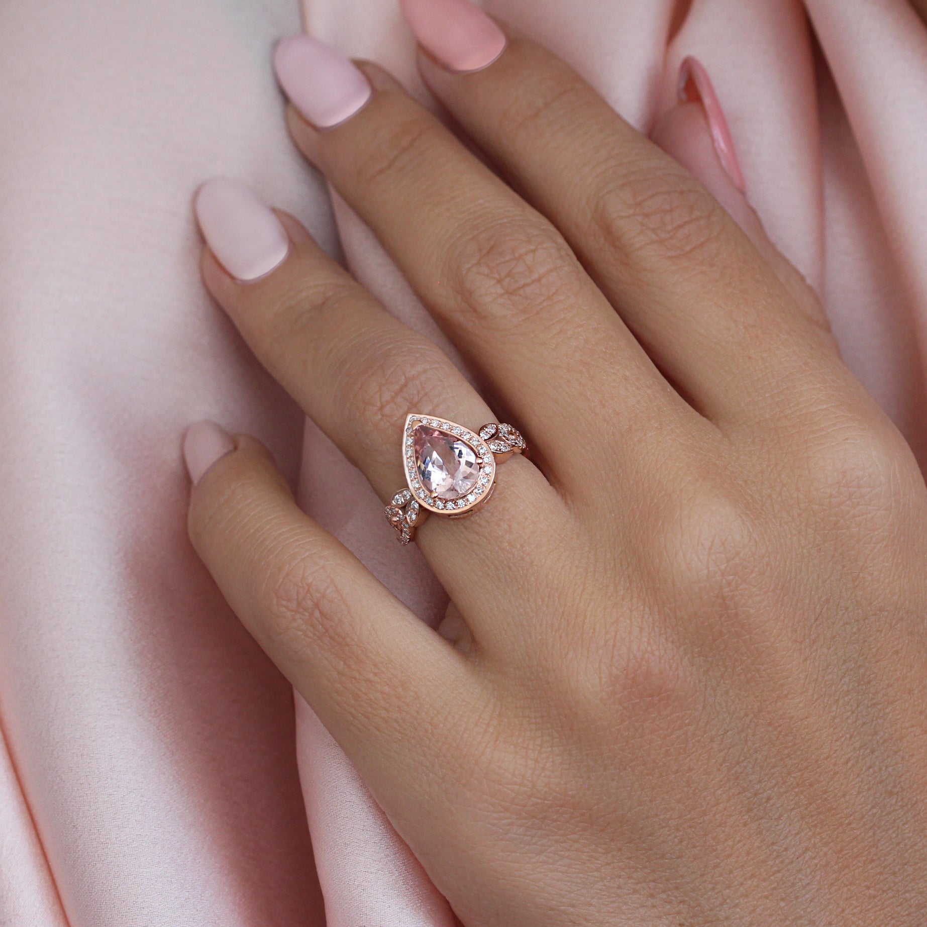 Pear Morganite Engagement Wave Band ring & "Iceland" Diamond Ring Guard