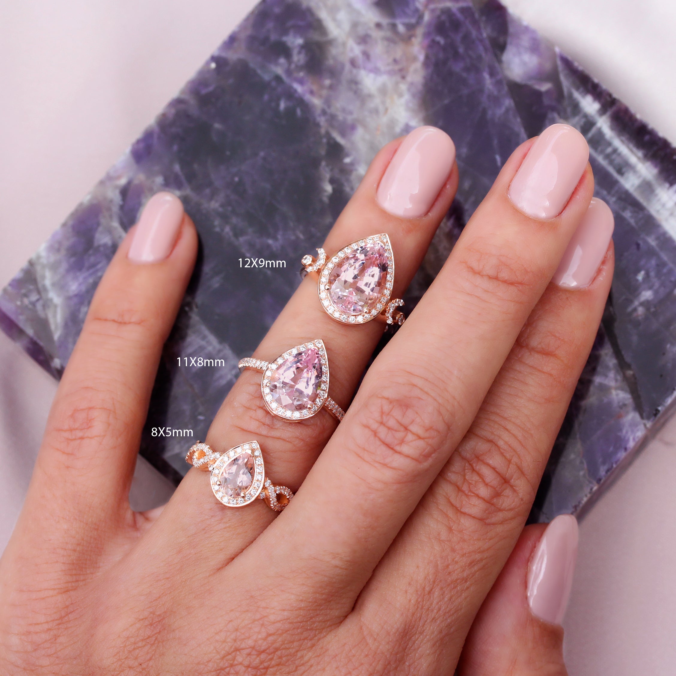 Pear shape Morganite Engagement Two Rings Set - Moonchild