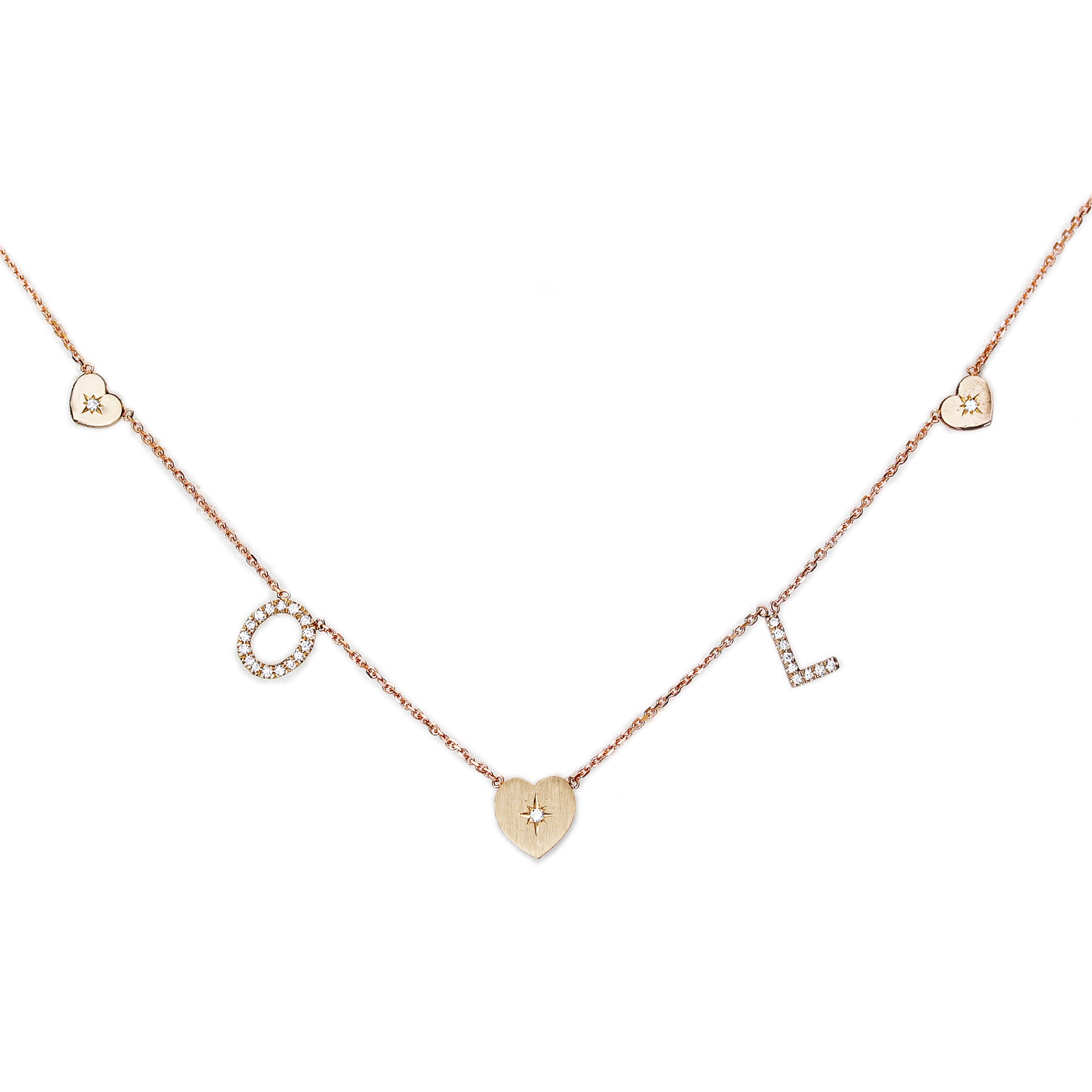 Hearts and Two Initials Pave rose gold Diamond Personalized Necklace