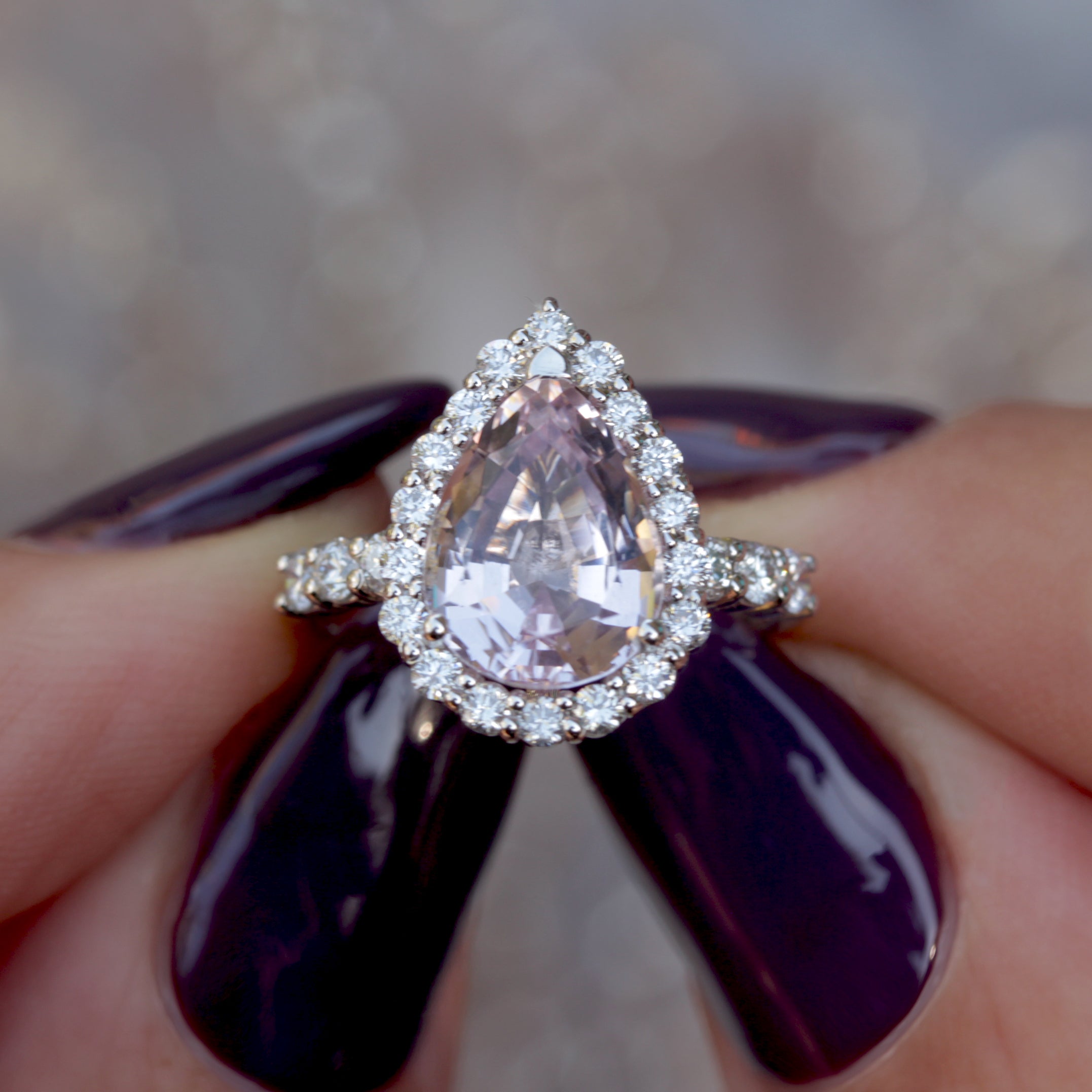 2 Carat Bug Pink Pear Morganite & Diamonds Engagement Ring - "Amelia" white gold
