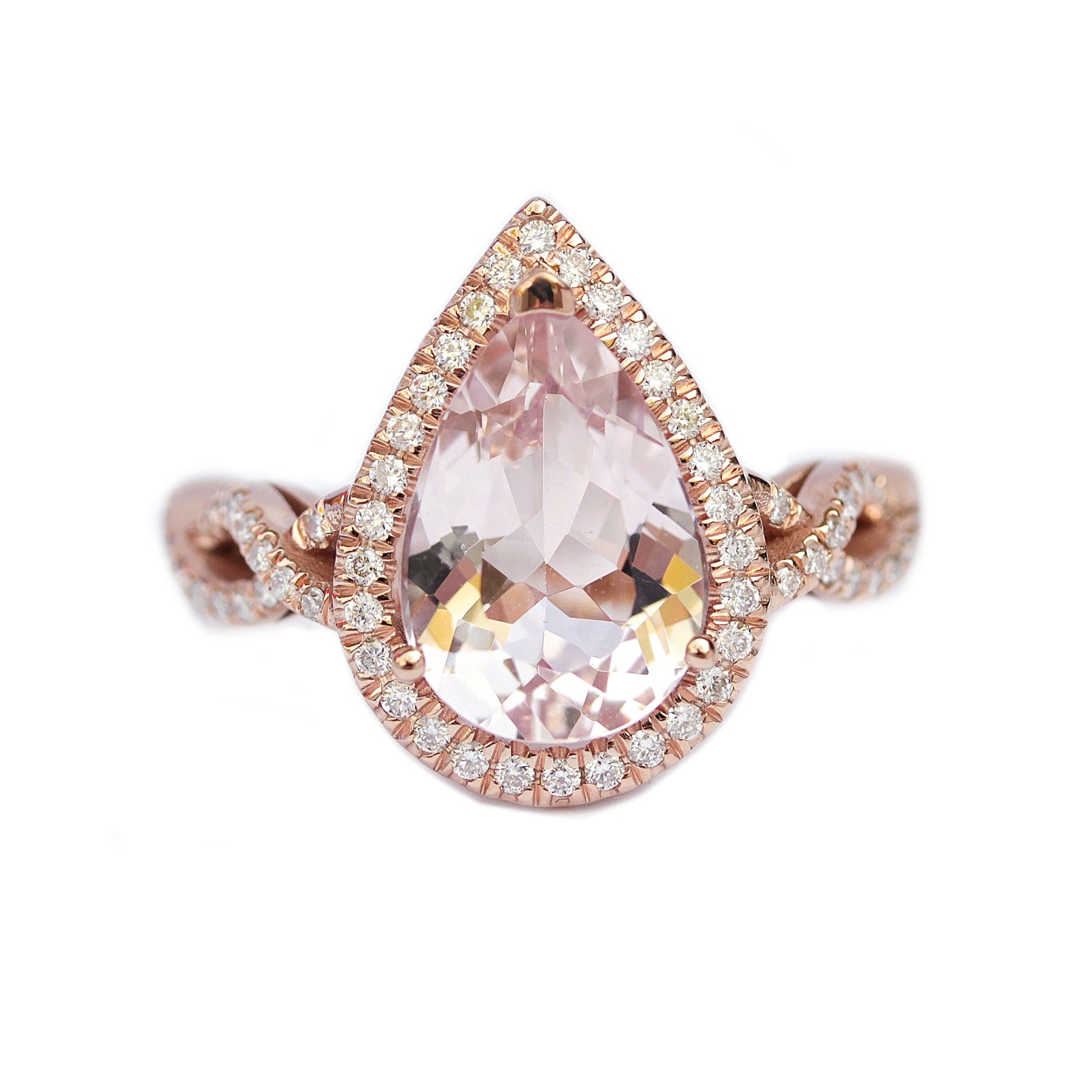 Pear Pink Morganite Twist Shank Band Engagement Ring & "Iceland" Ring Guard Wedding Set - "Elise"