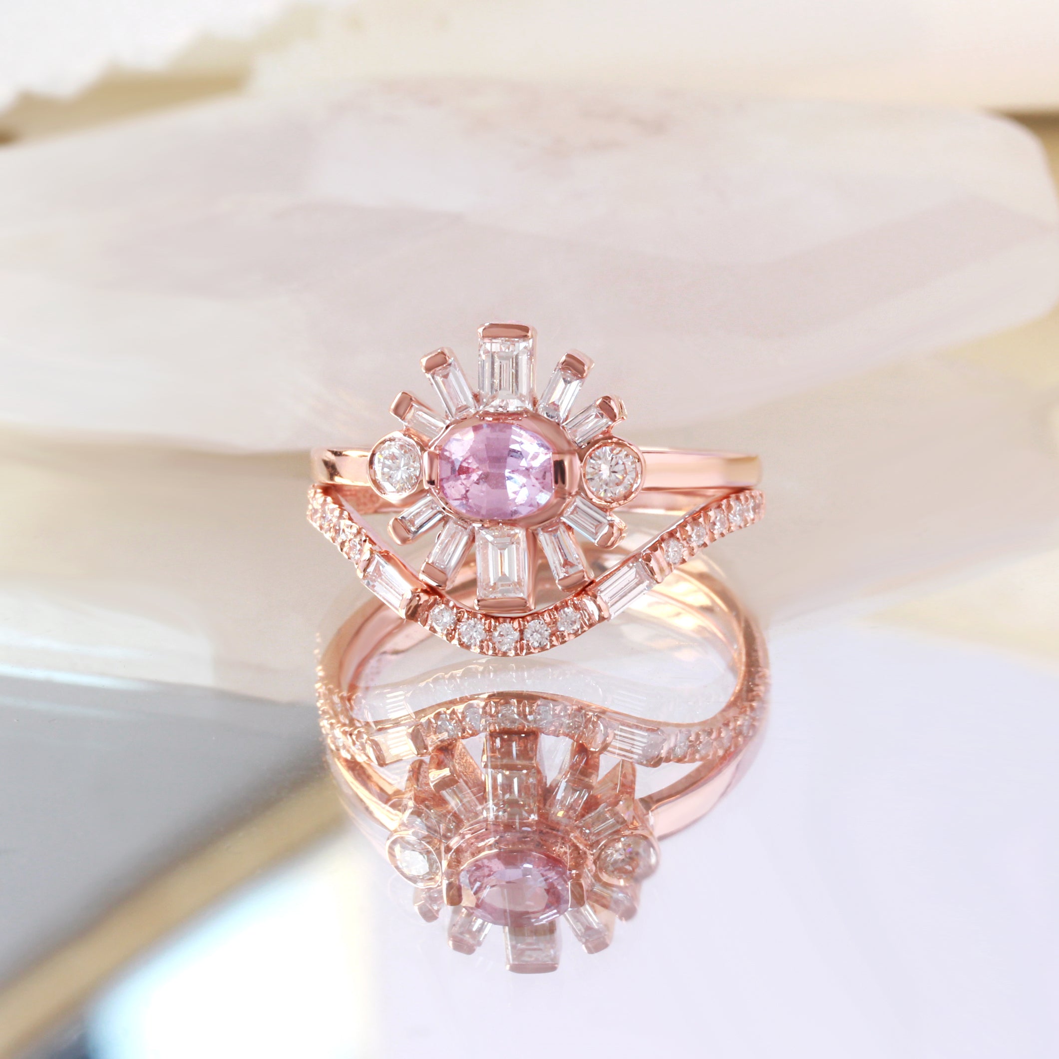 Oval Pink Sapphire & Baguette Diamonds Sun Ring