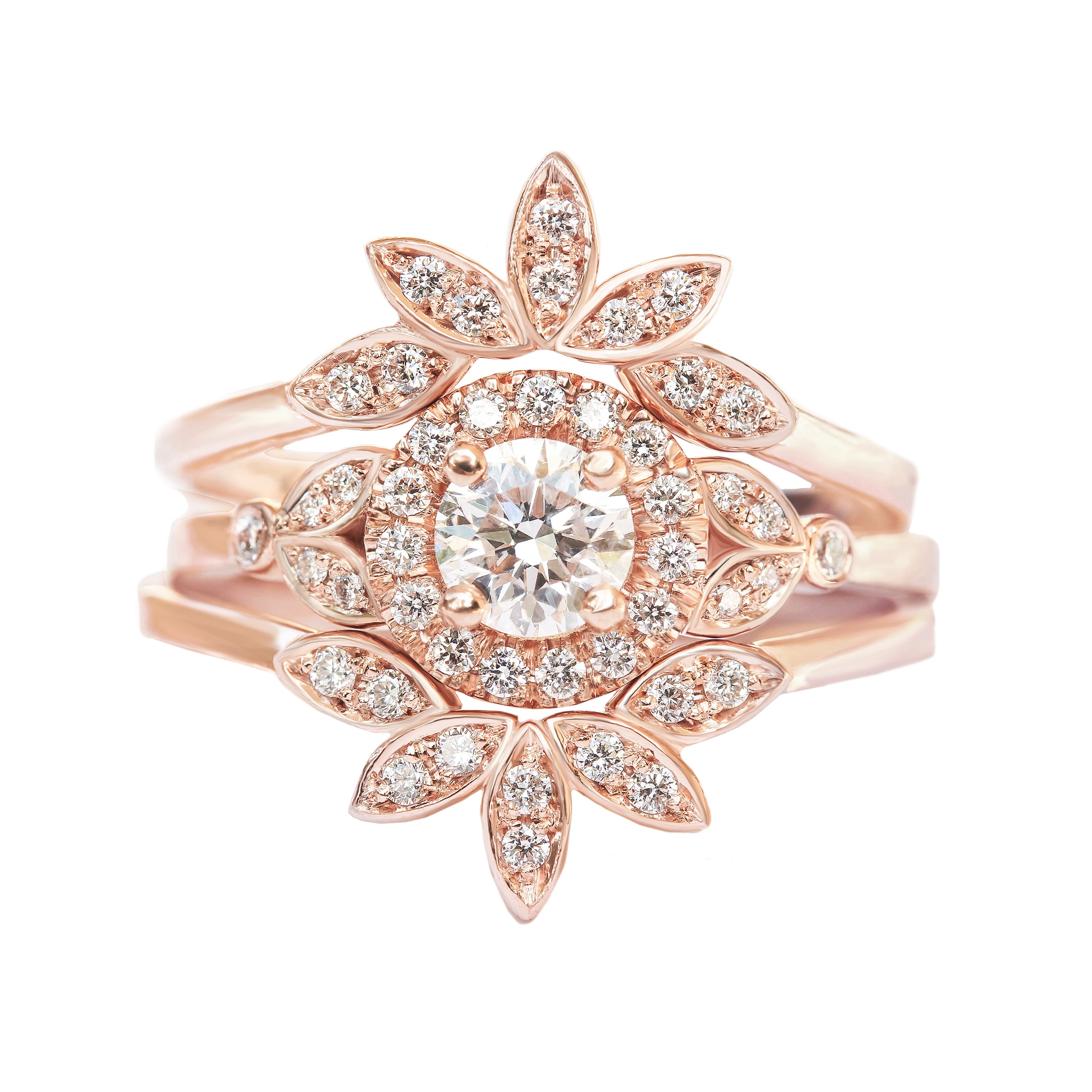 Round Diamond Halo & Leaves Engagement Three Ring Set Rome ♥