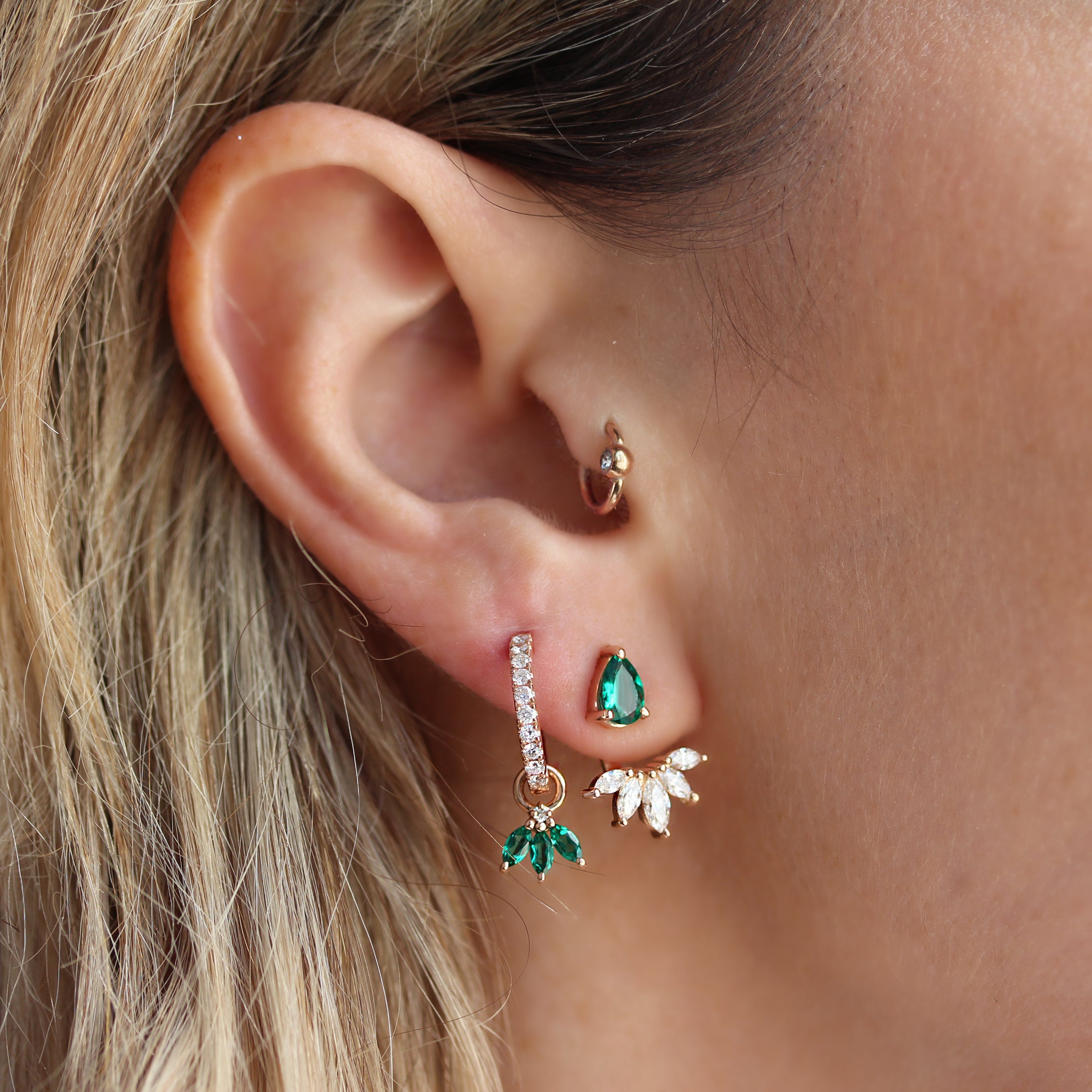 Small hoop with marquise emerald drop huggie diamond earrings