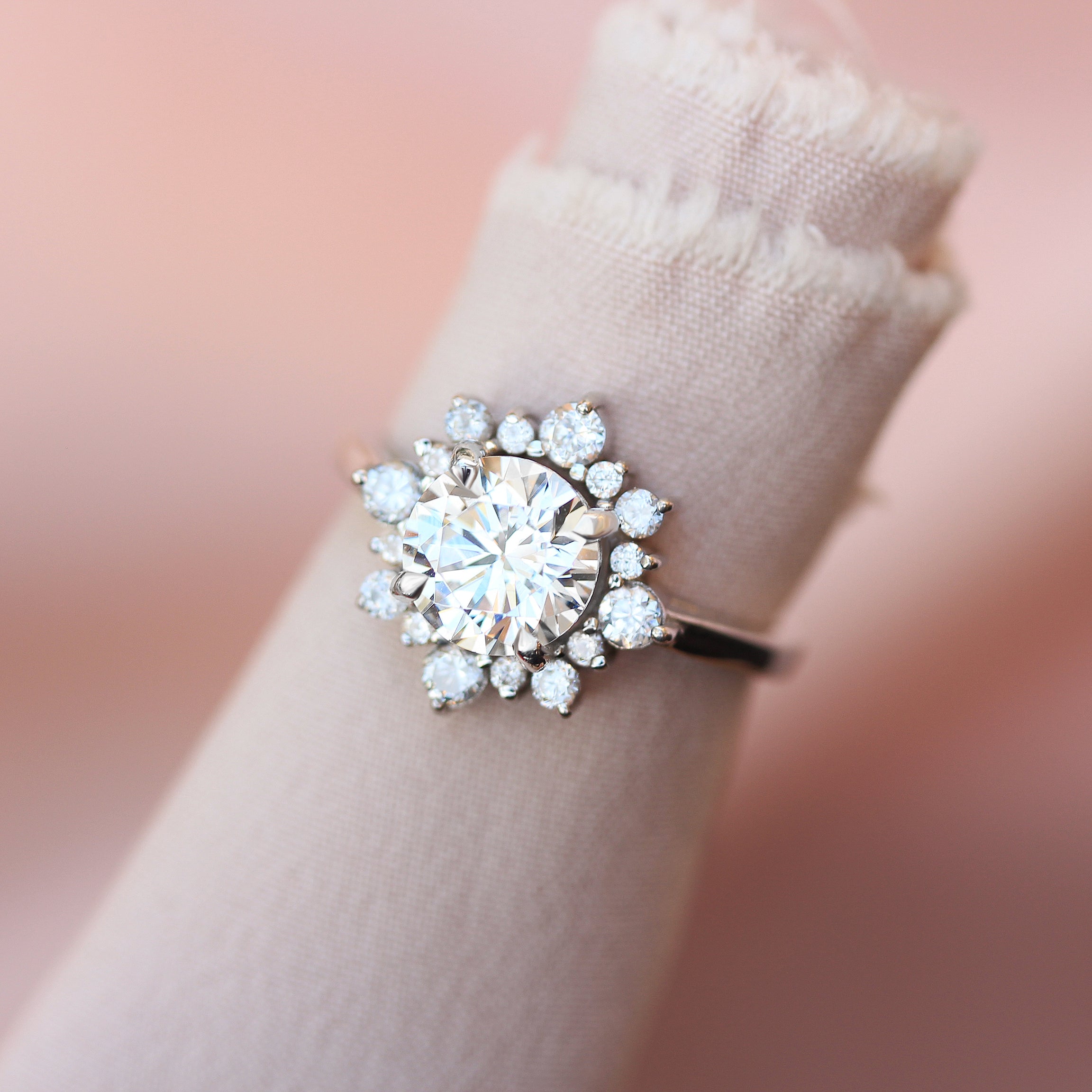 Round diamond halo unique engagement ring, "Snowflake"