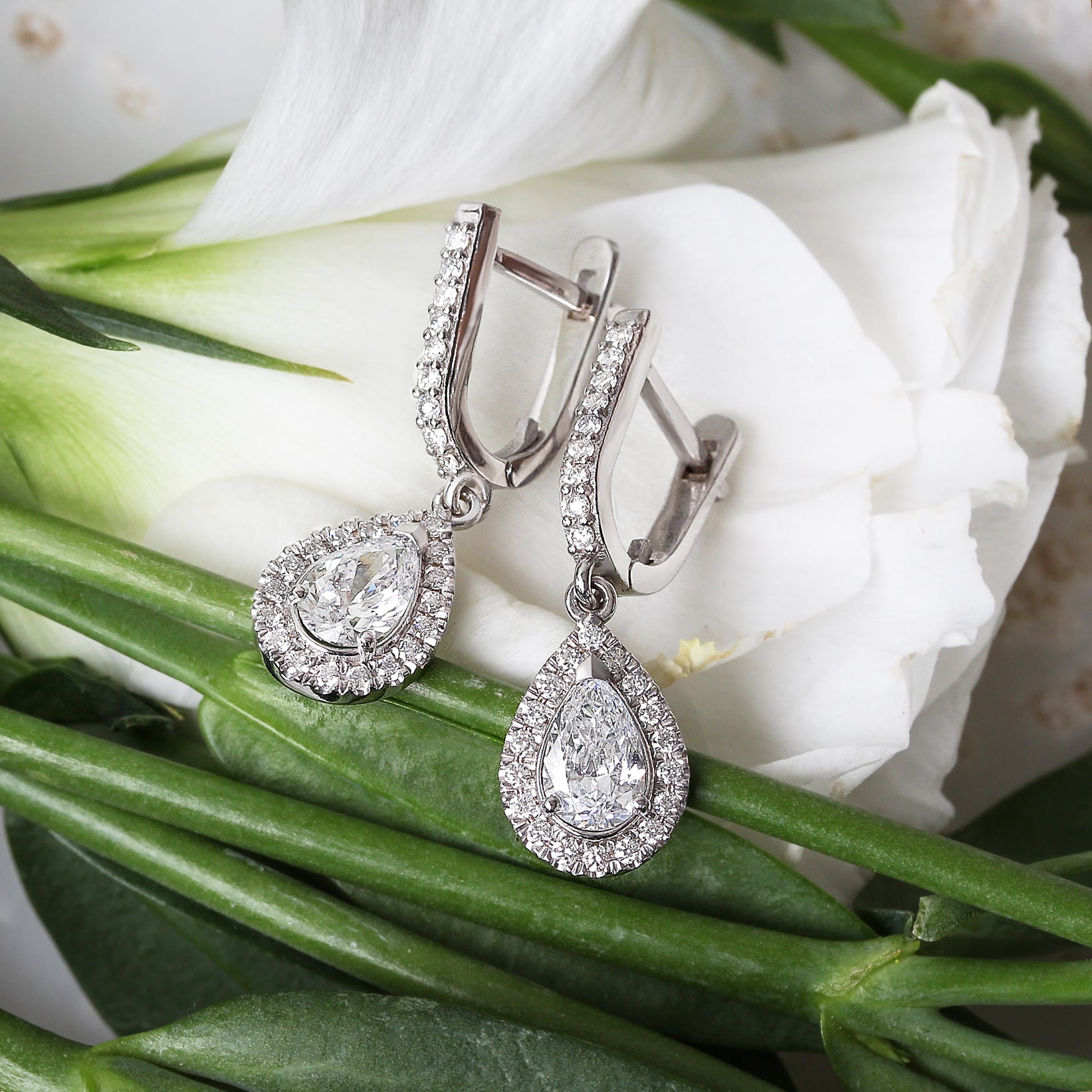 Huggie earrings pear diamond halo drop - sillyshinydiamonds