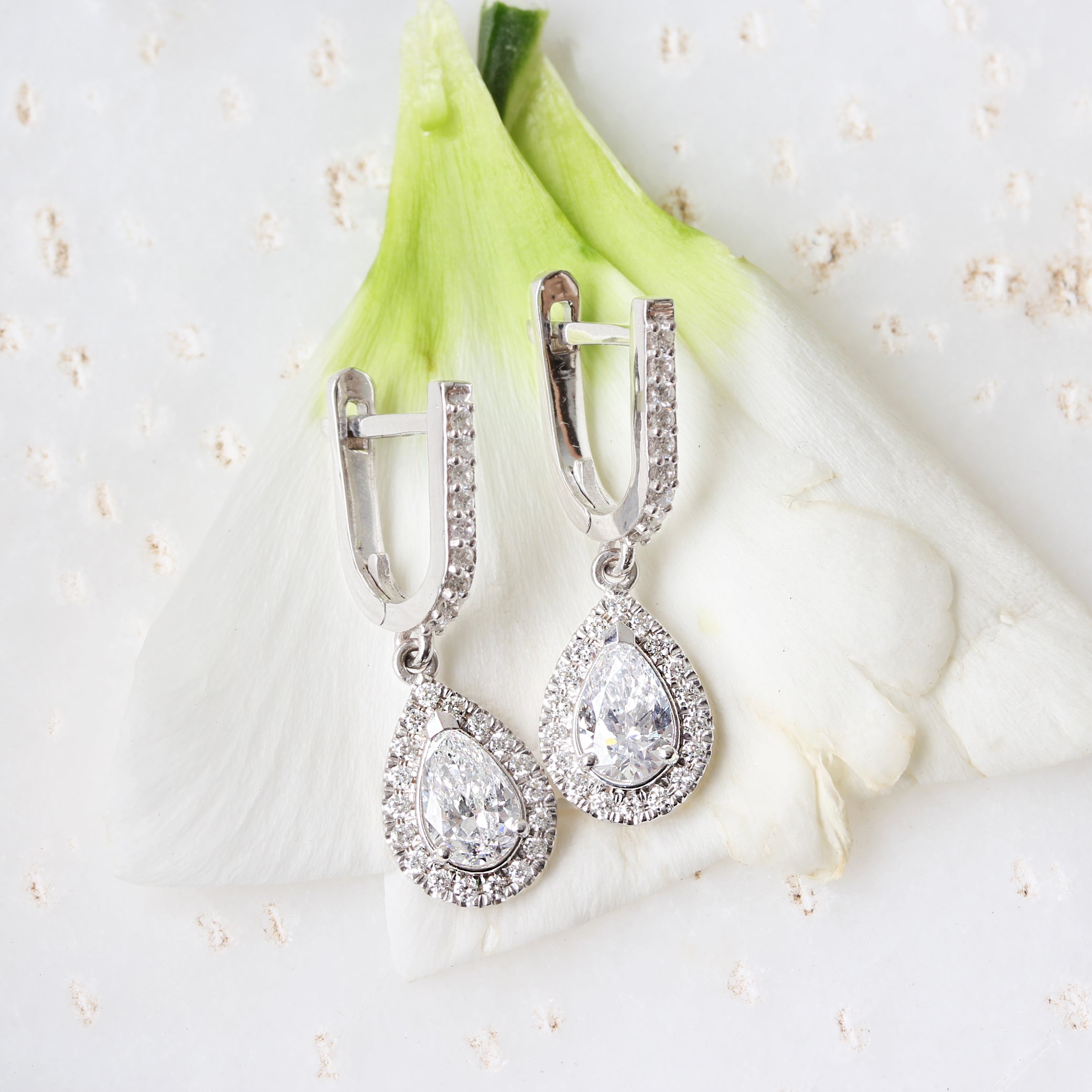 Huggie earrings pear diamond halo drop - sillyshinydiamonds