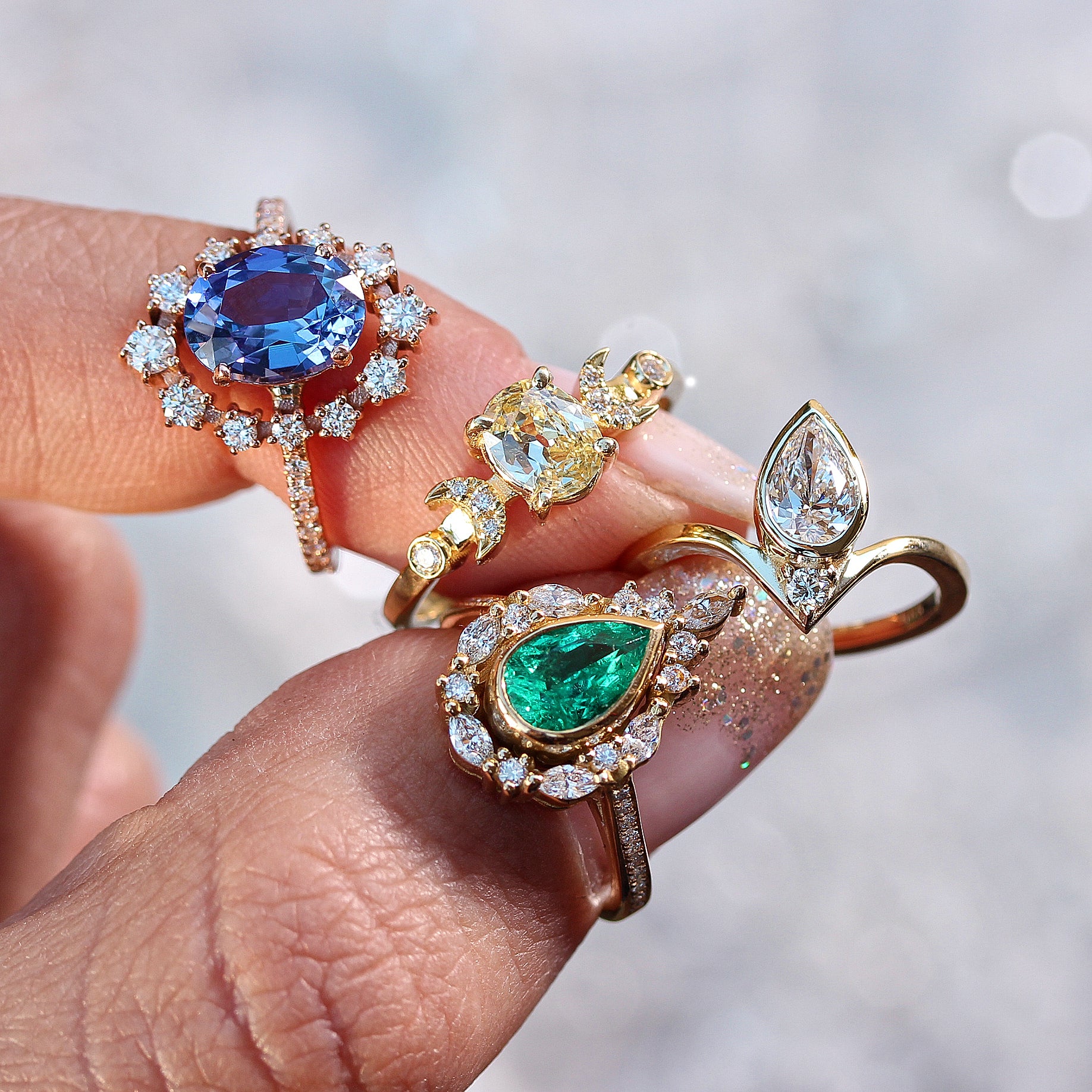 Pear Emerald Unique Engagement Ring Set, Eva - sillyshinydiamonds