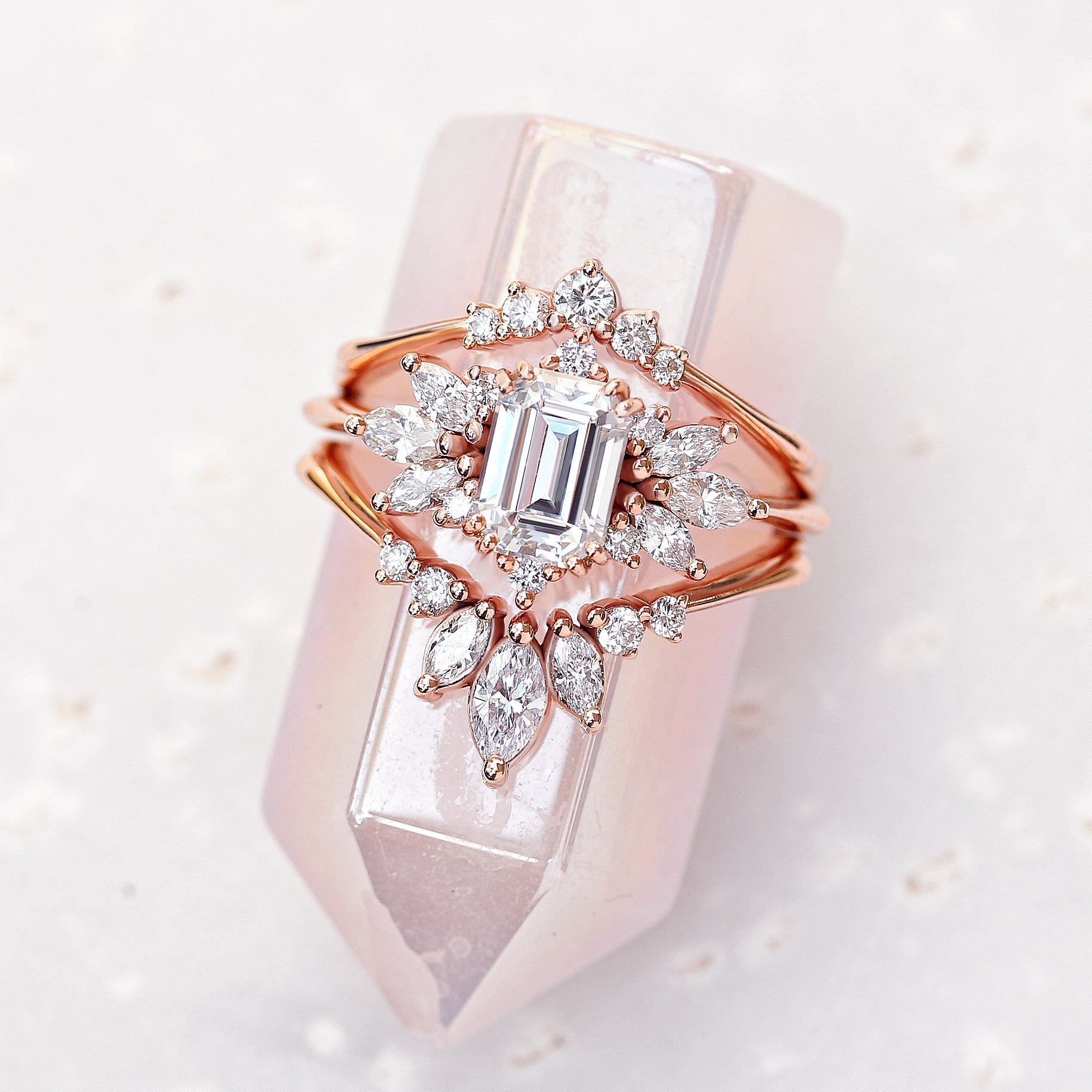 Emerald cut Moissanite Wedding Two Ring Set , Spark & Golden Snitch - sillyshinydiamonds