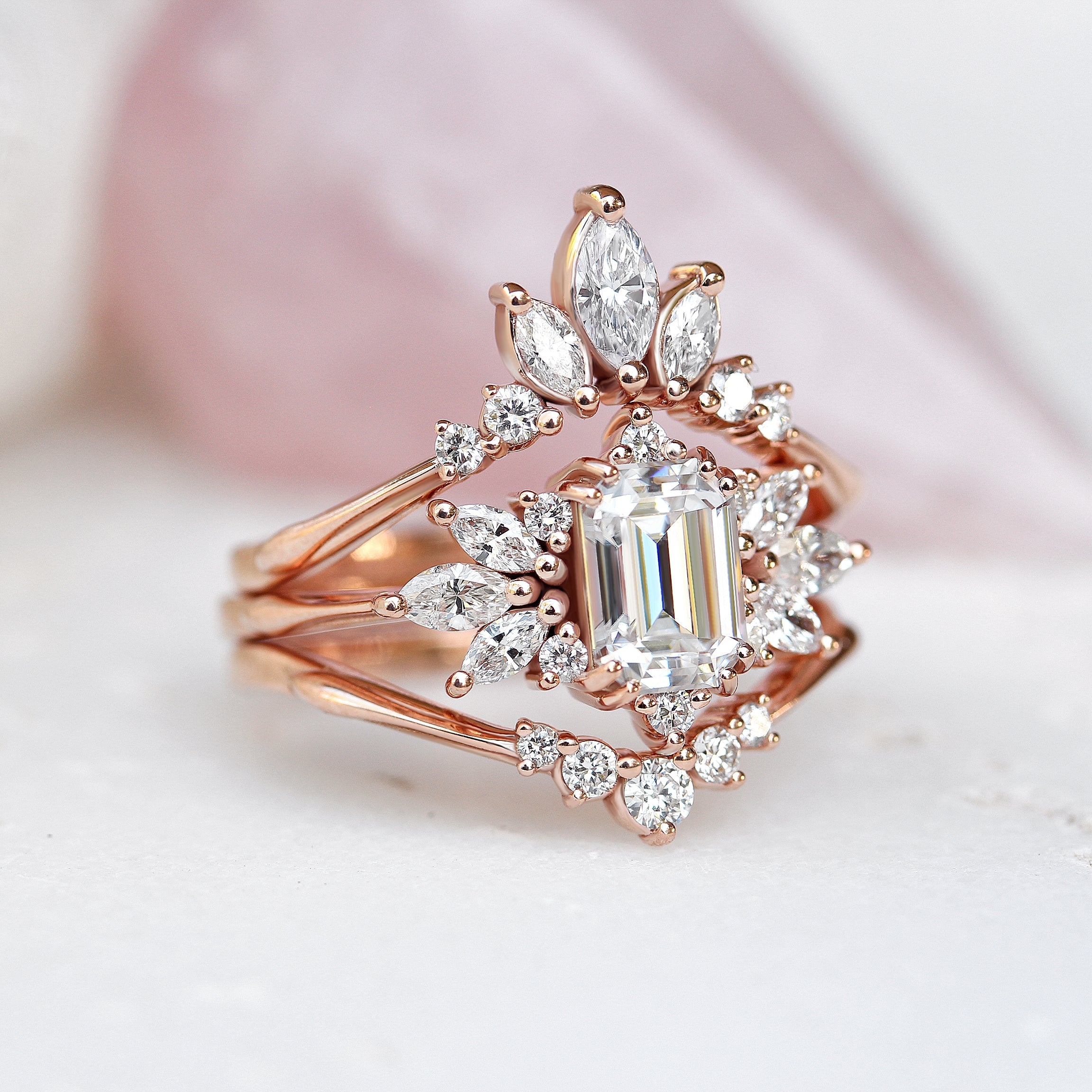 Emerald cut Moissanite Wedding Two Ring Set , Spark & Golden Snitch - sillyshinydiamonds