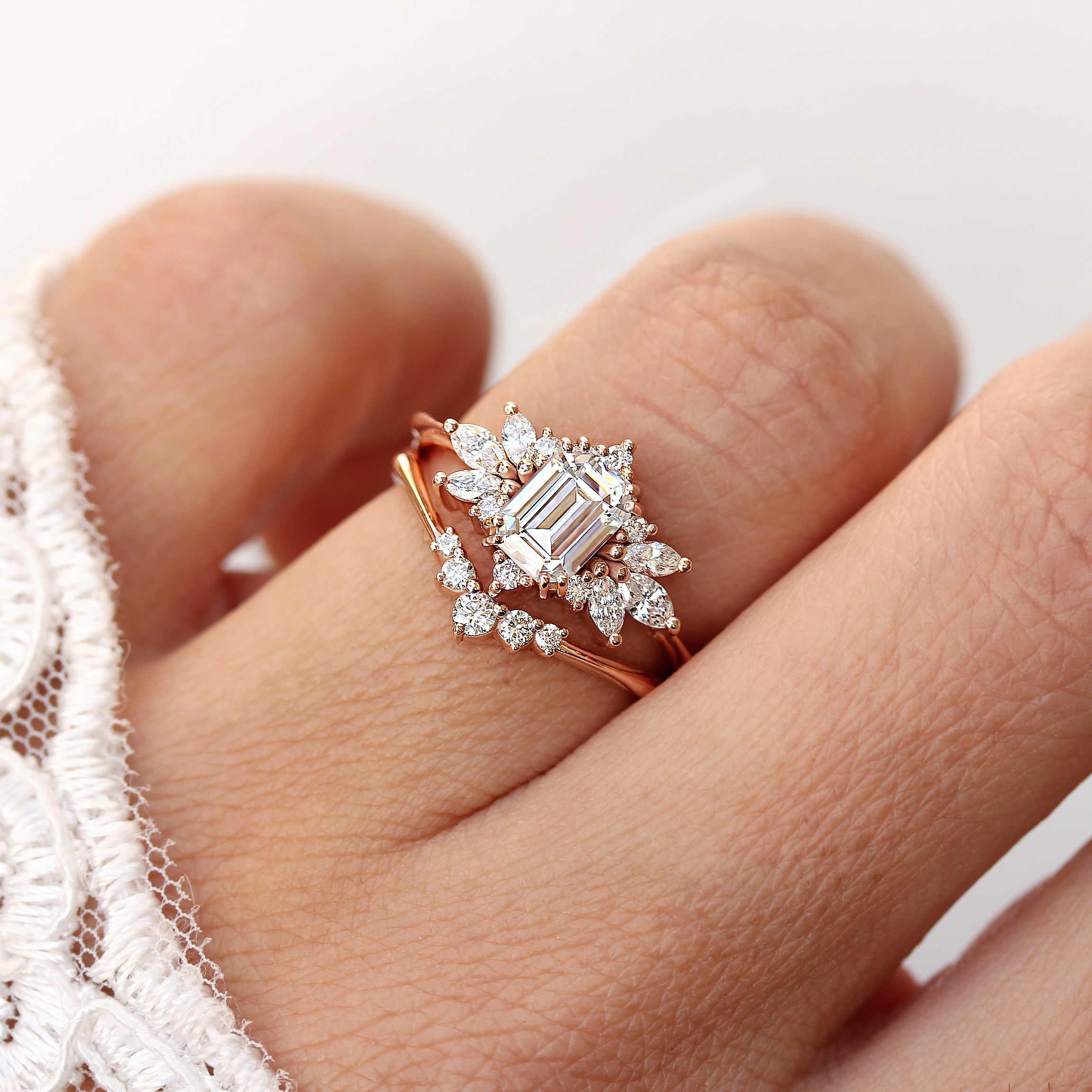 Emerald cut Moissanite Wedding Two Ring Set , Spark & Golden Snitch - sillyshinydiamonds