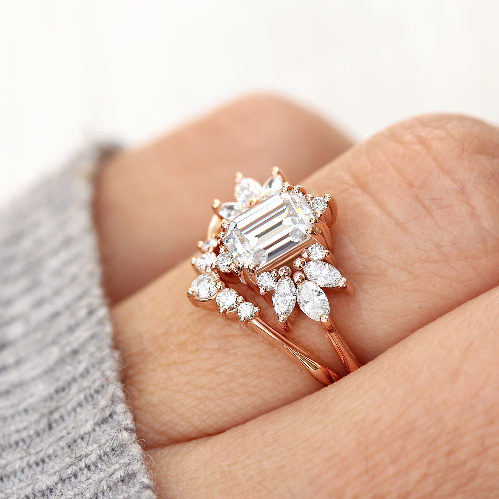 Emerald cut Moissanite Wedding Two Ring Set , Spark & Golden Snitch - sillyshinydiamonds