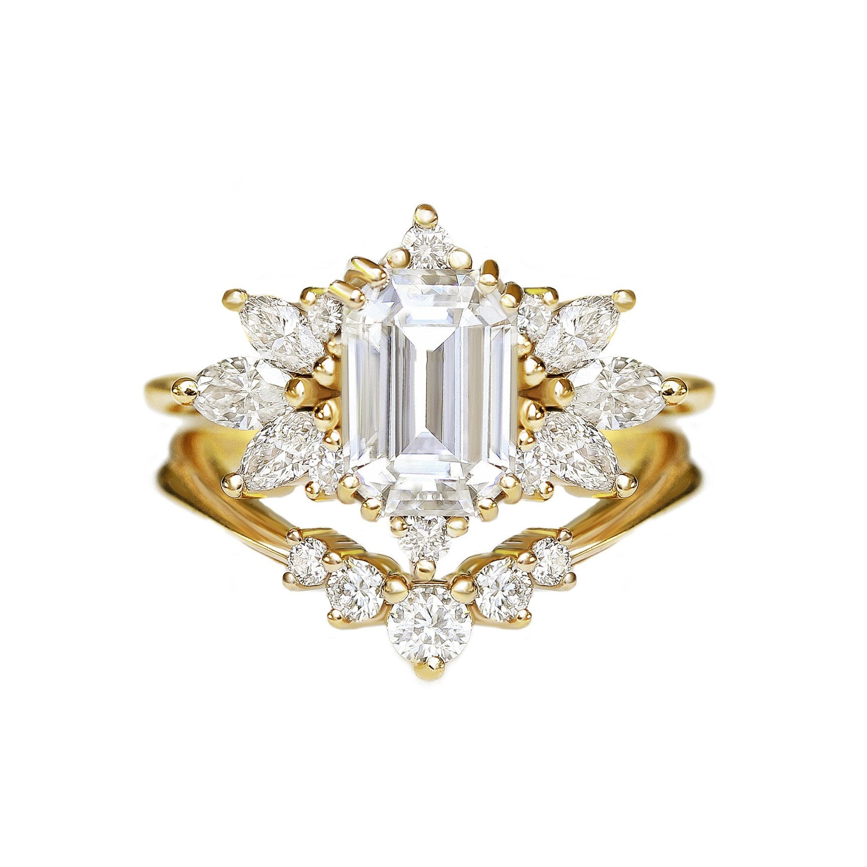 Emerald cut Diamond Engagement Ring Spark with Two Nesting Ring Golden Snitch