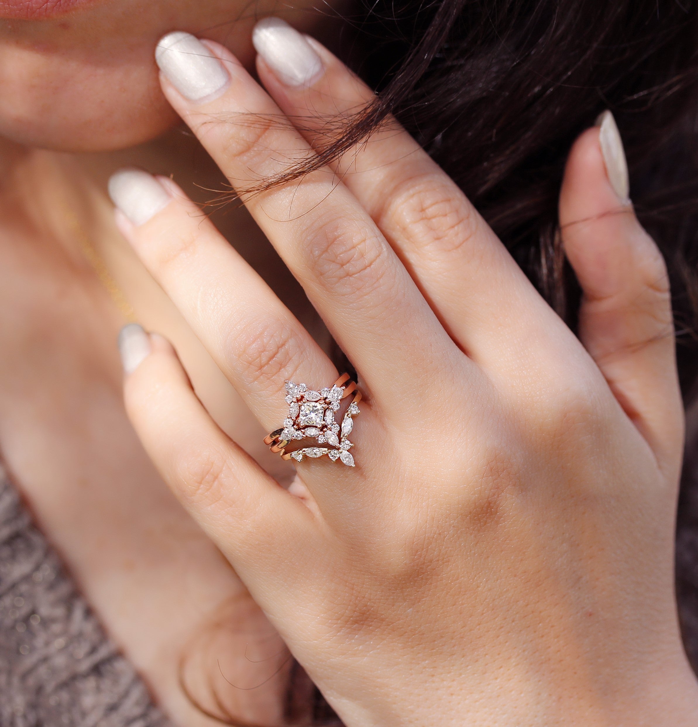 Princess Cut Diamond Engagement Ring, Three Rings Set - Altair and Two Hermes Sidebands ♥