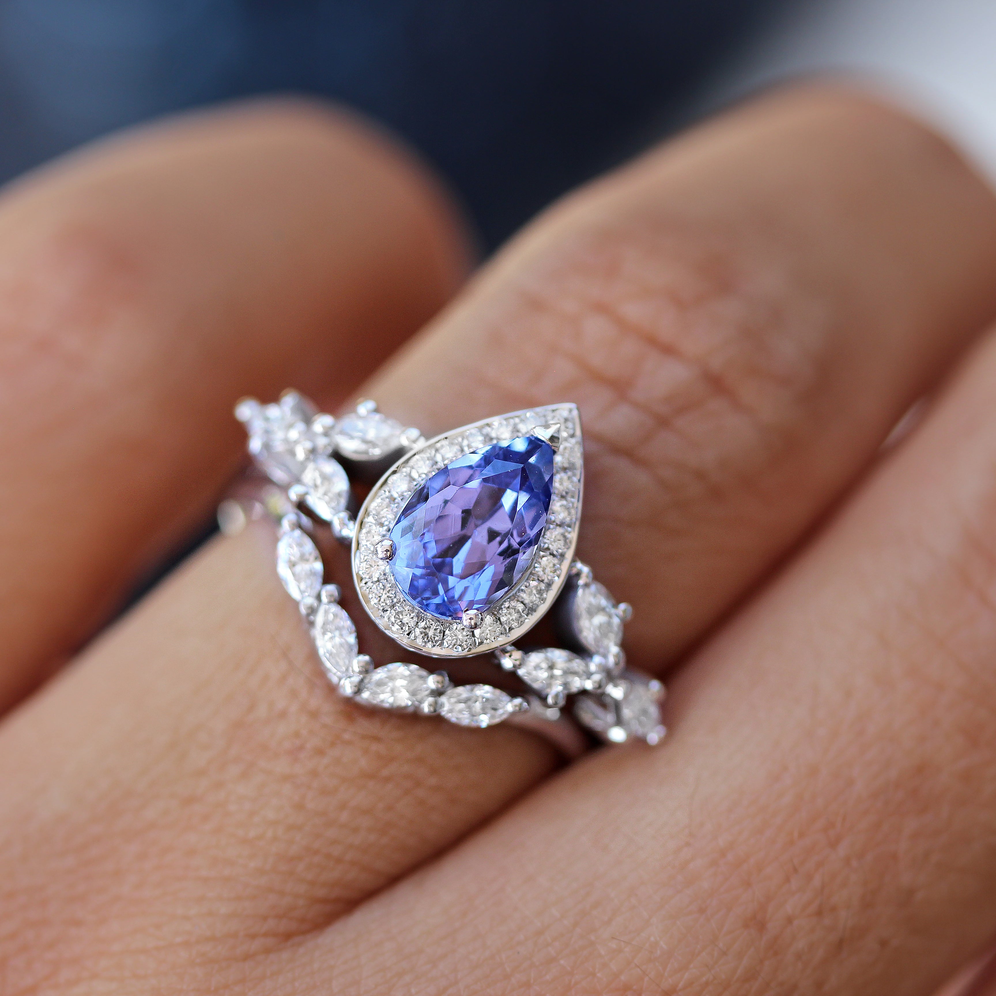 Pear Tanzanite & Diamonds Unique Engagement Ring Set - Muse - sillyshinydiamonds