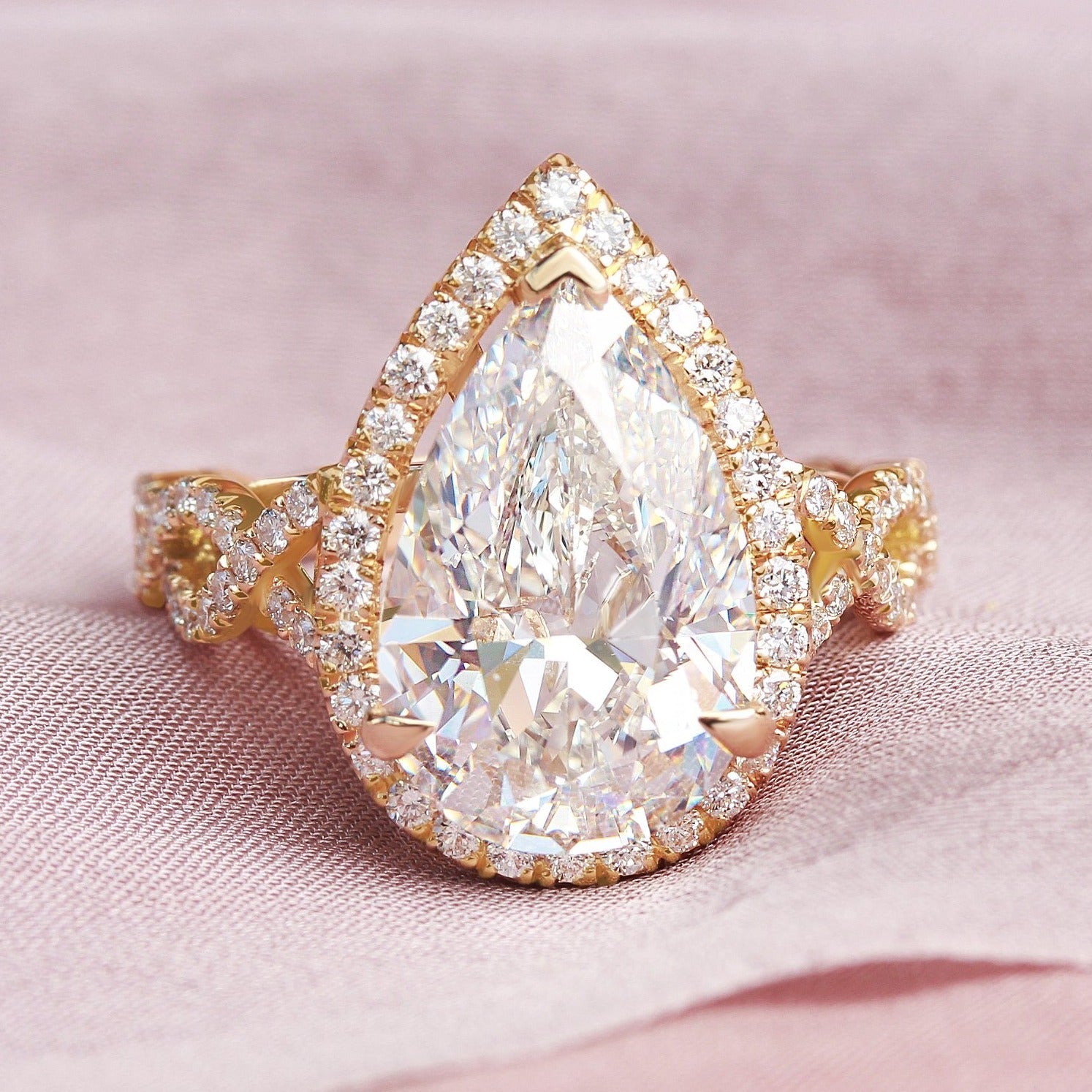 5 Carat Pear Shape Lab Diamond Unique Engagement Ring Set, Romeo and Hermes Ring Guard