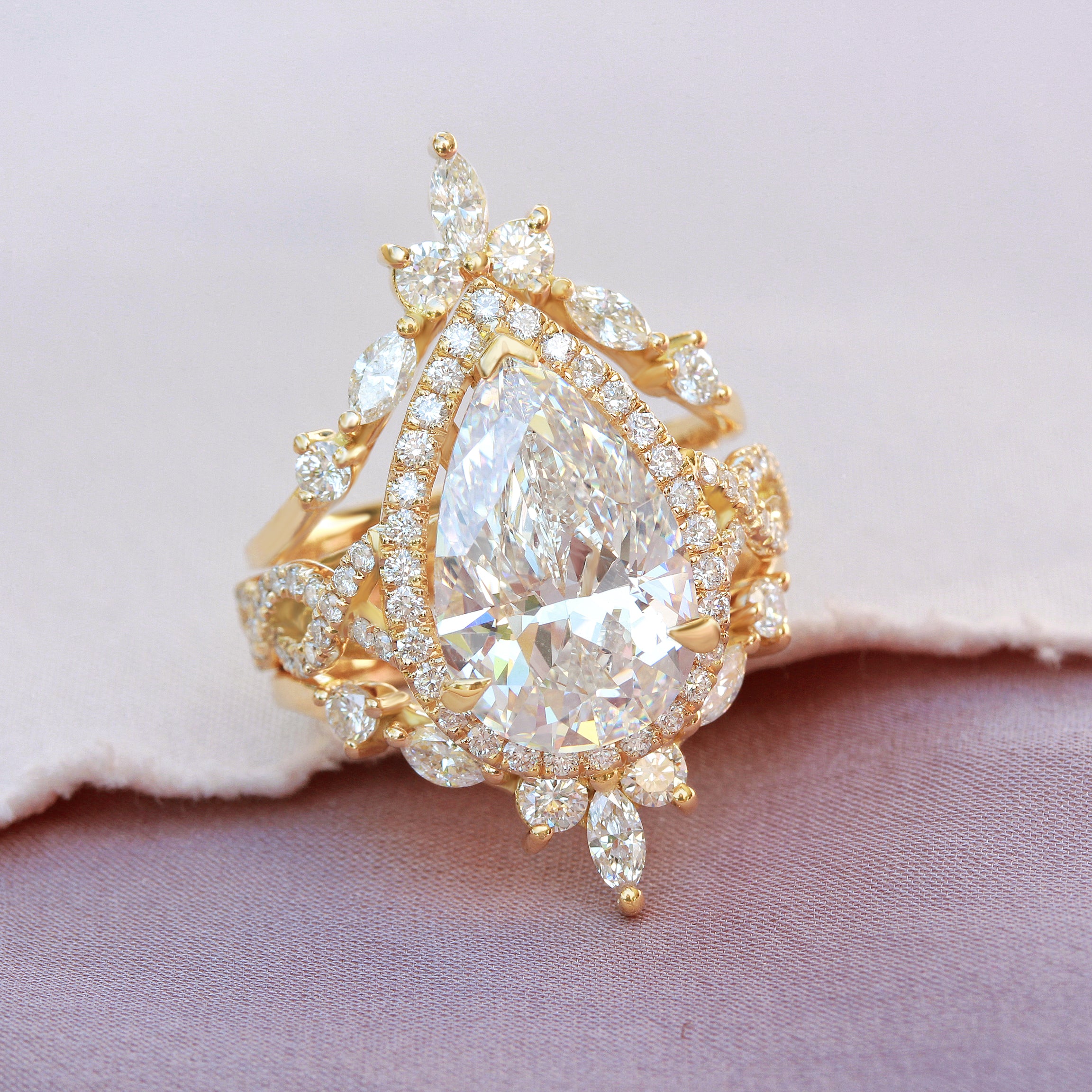 5 Carat Pear Shape Lab Diamond Unique Engagement Ring Set, Romeo and Hermes Ring Guard