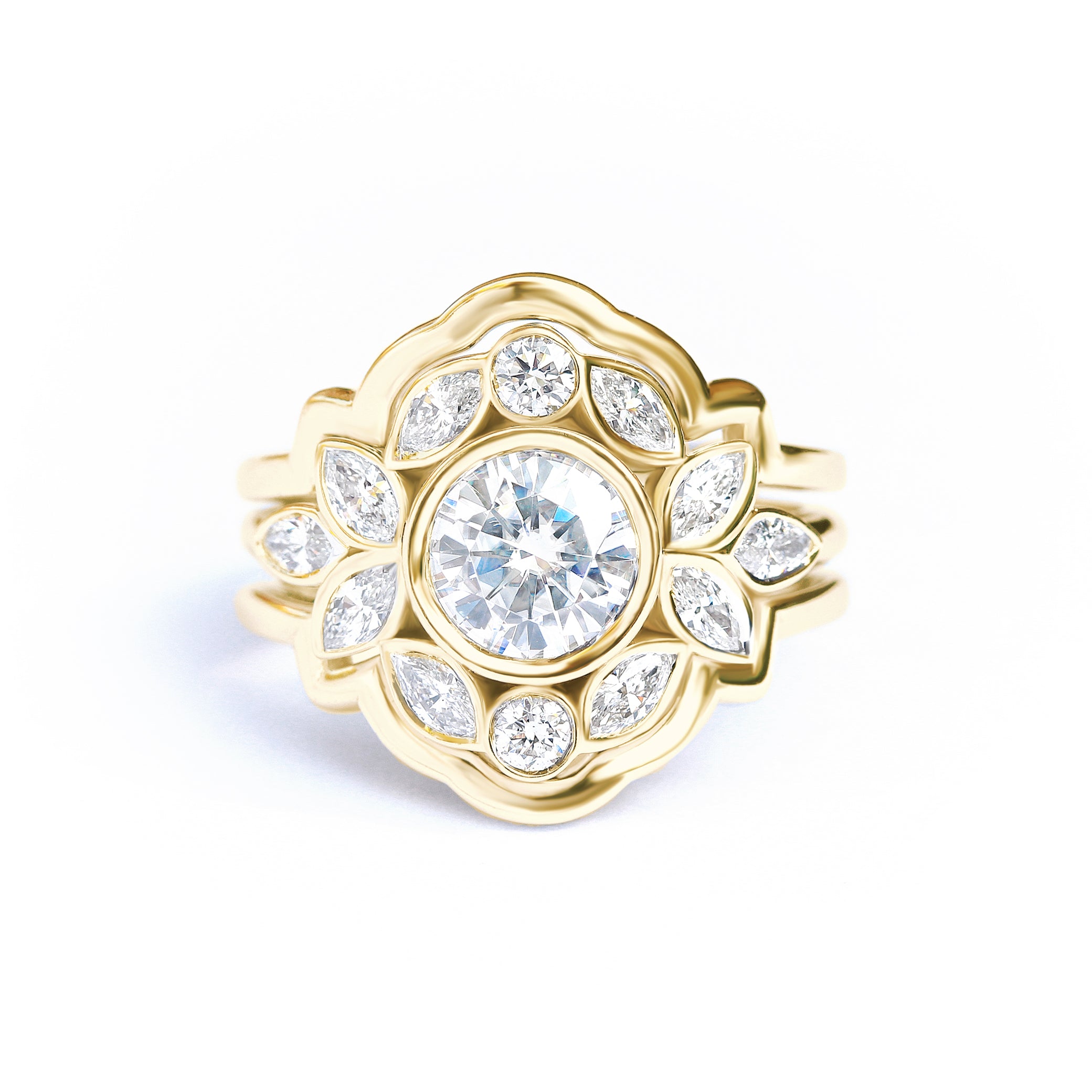 Bezel Diamond Flower Engagement Ring Set with Gold Ring Guard "Lily Emma" ♥