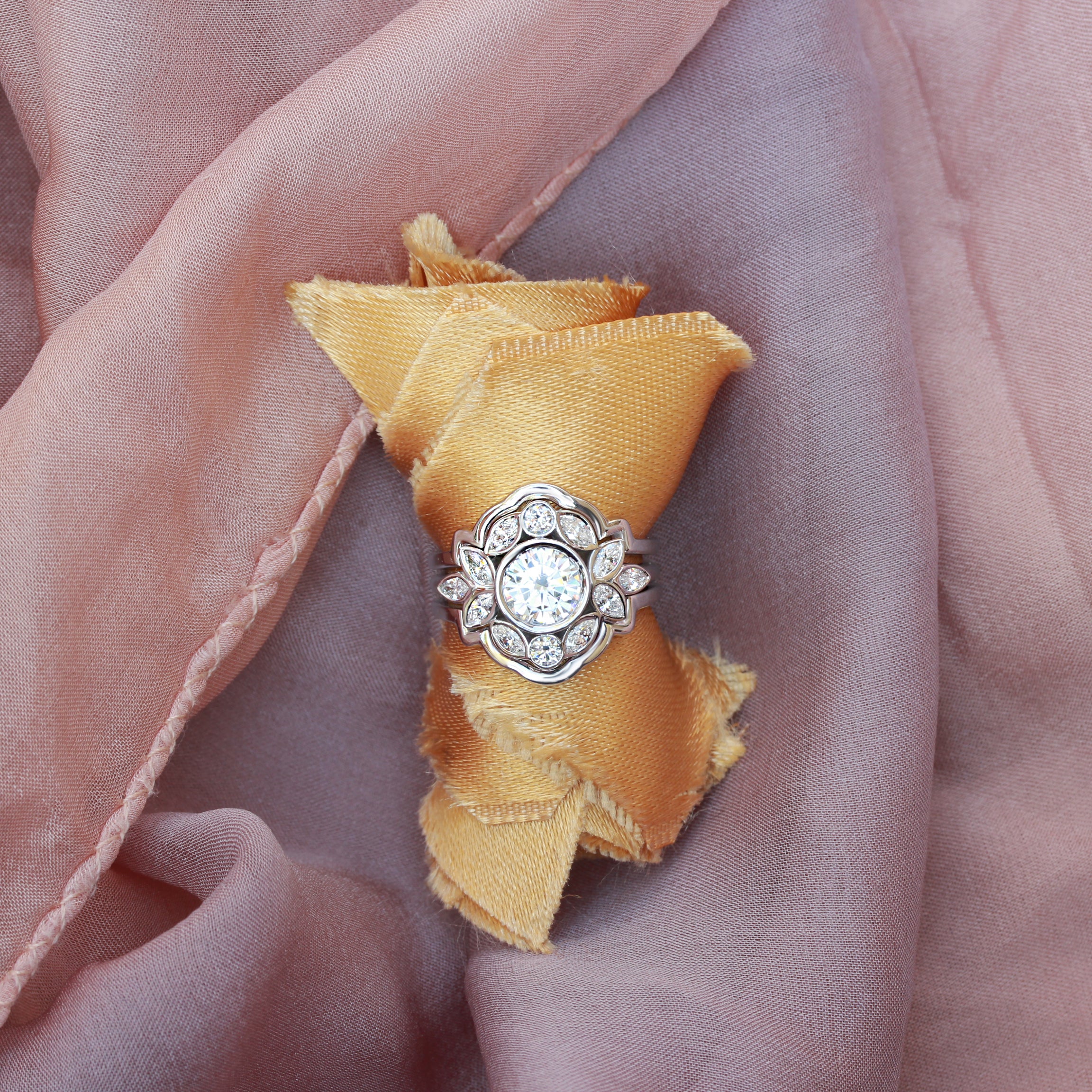 Bezel Diamond Flower Engagement Ring Set with Gold Ring Guard "Lily Emma" ♥