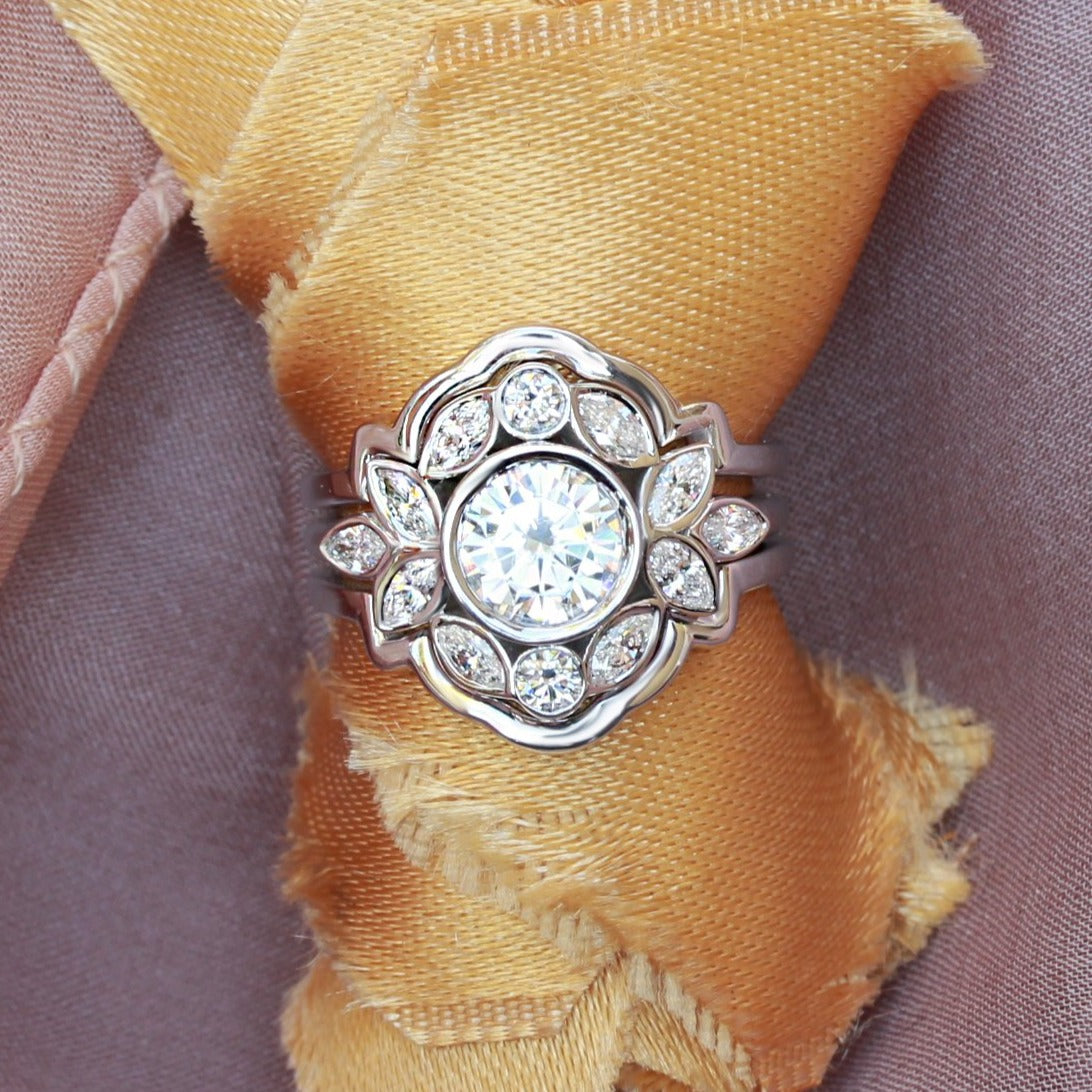 Bezel Diamond Flower Engagement Ring Set with Gold Ring Guard "Lily Emma" ♥