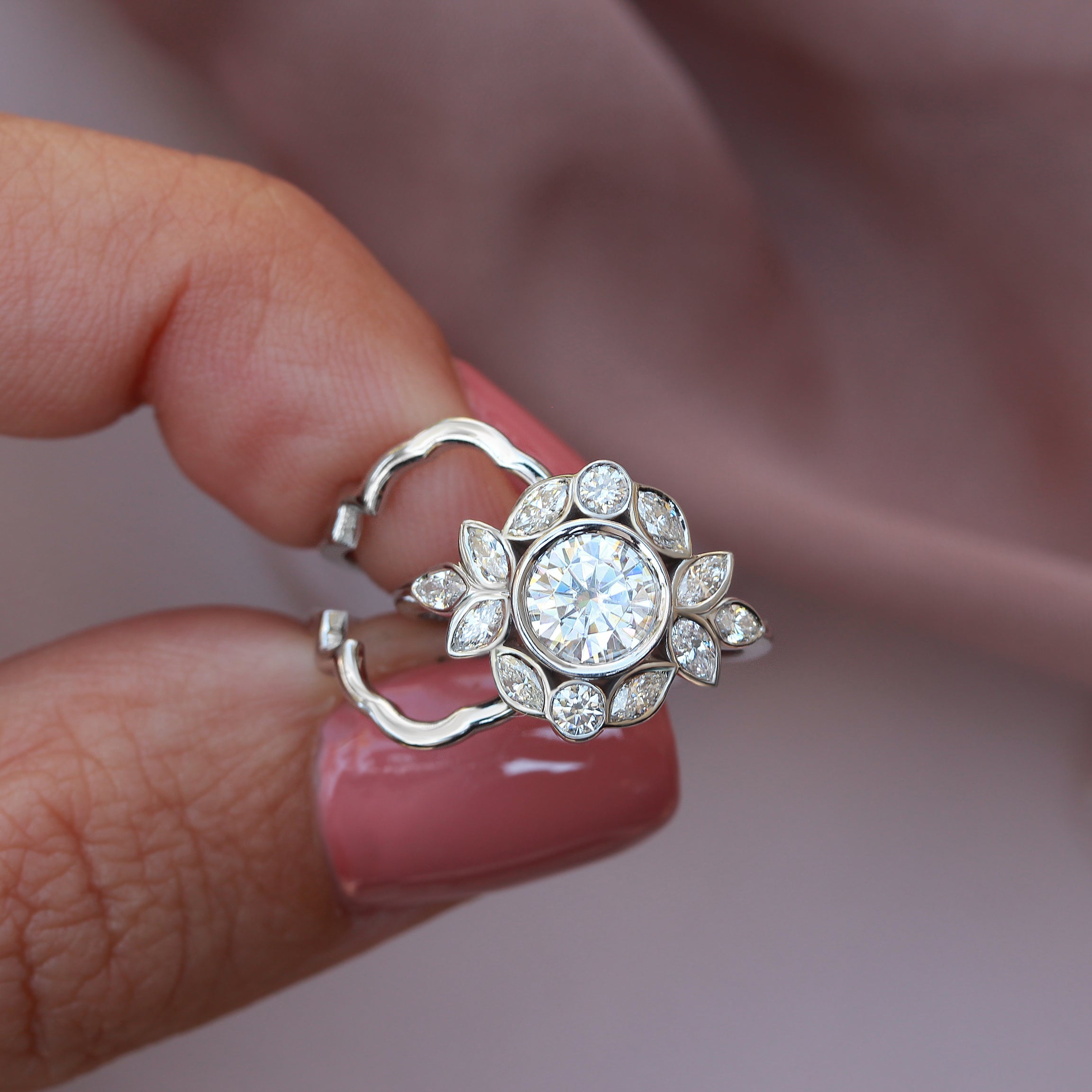 Bezel Diamond Flower Engagement Ring Set with Gold Ring Guard "Lily Emma" ♥