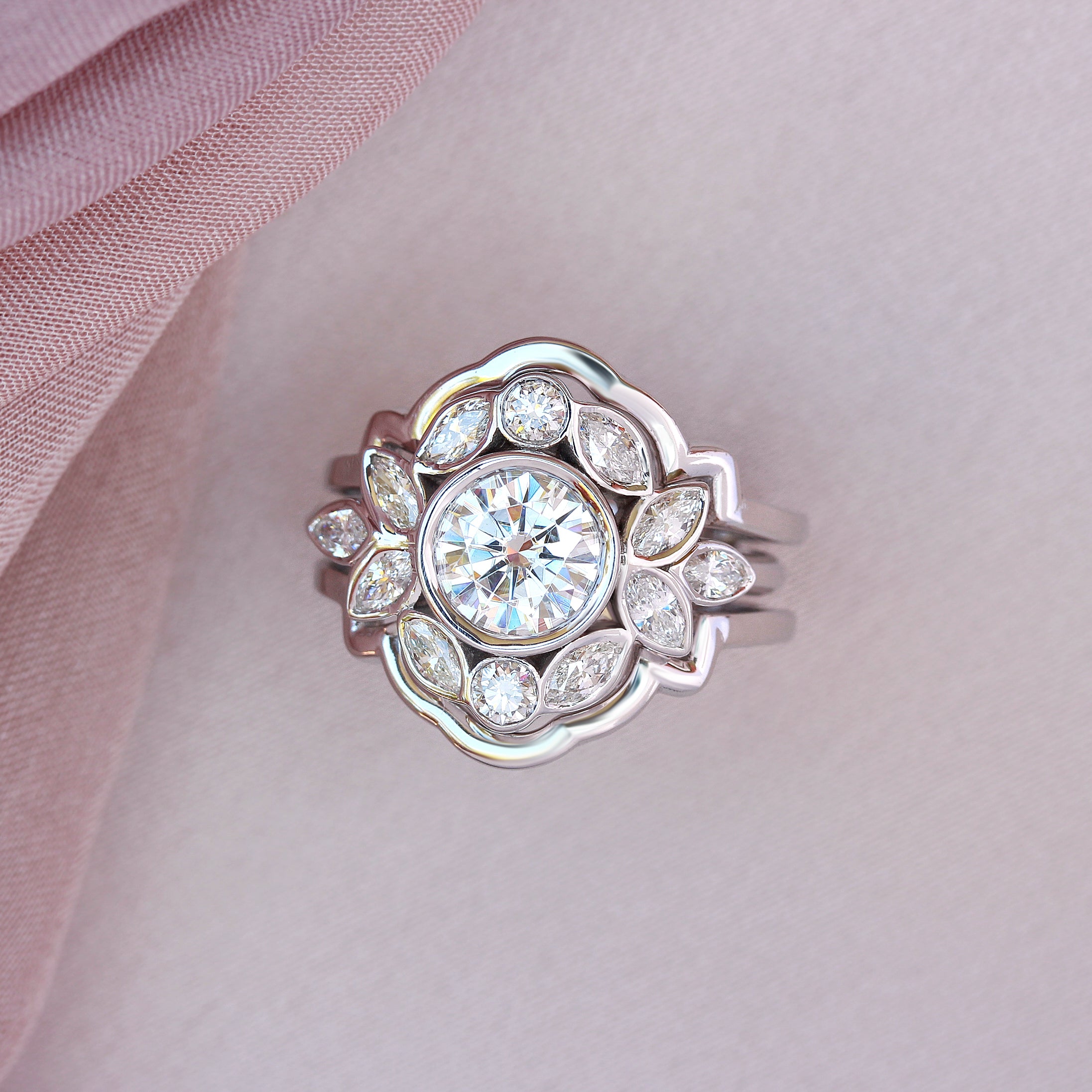 Bezel Diamond Flower Engagement Ring Set with Gold Ring Guard "Lily Emma" ♥