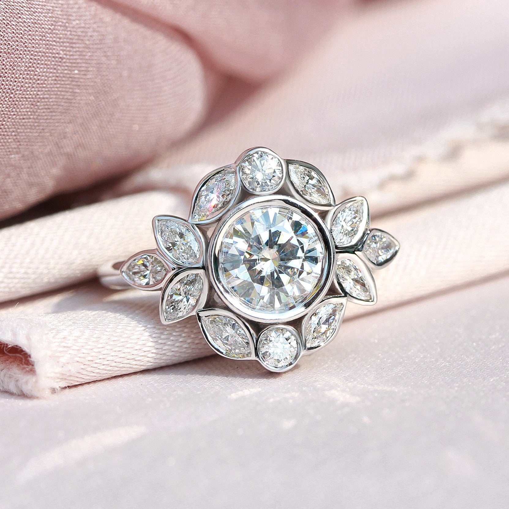 Bezel Diamond Flower Engagement Ring "Lily Emma" ♥