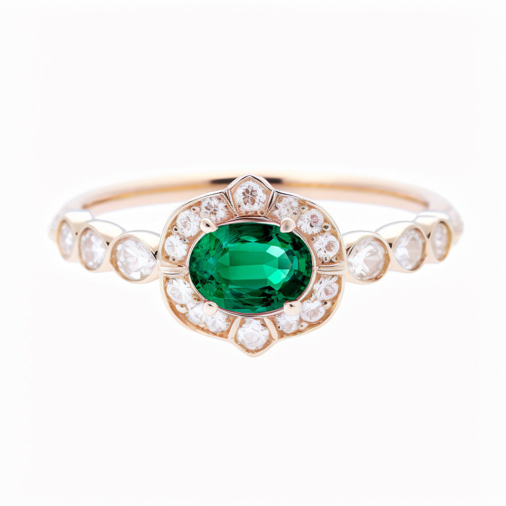 Oval Emerald & Diamonds Birthstone Ring, Marigold ♥